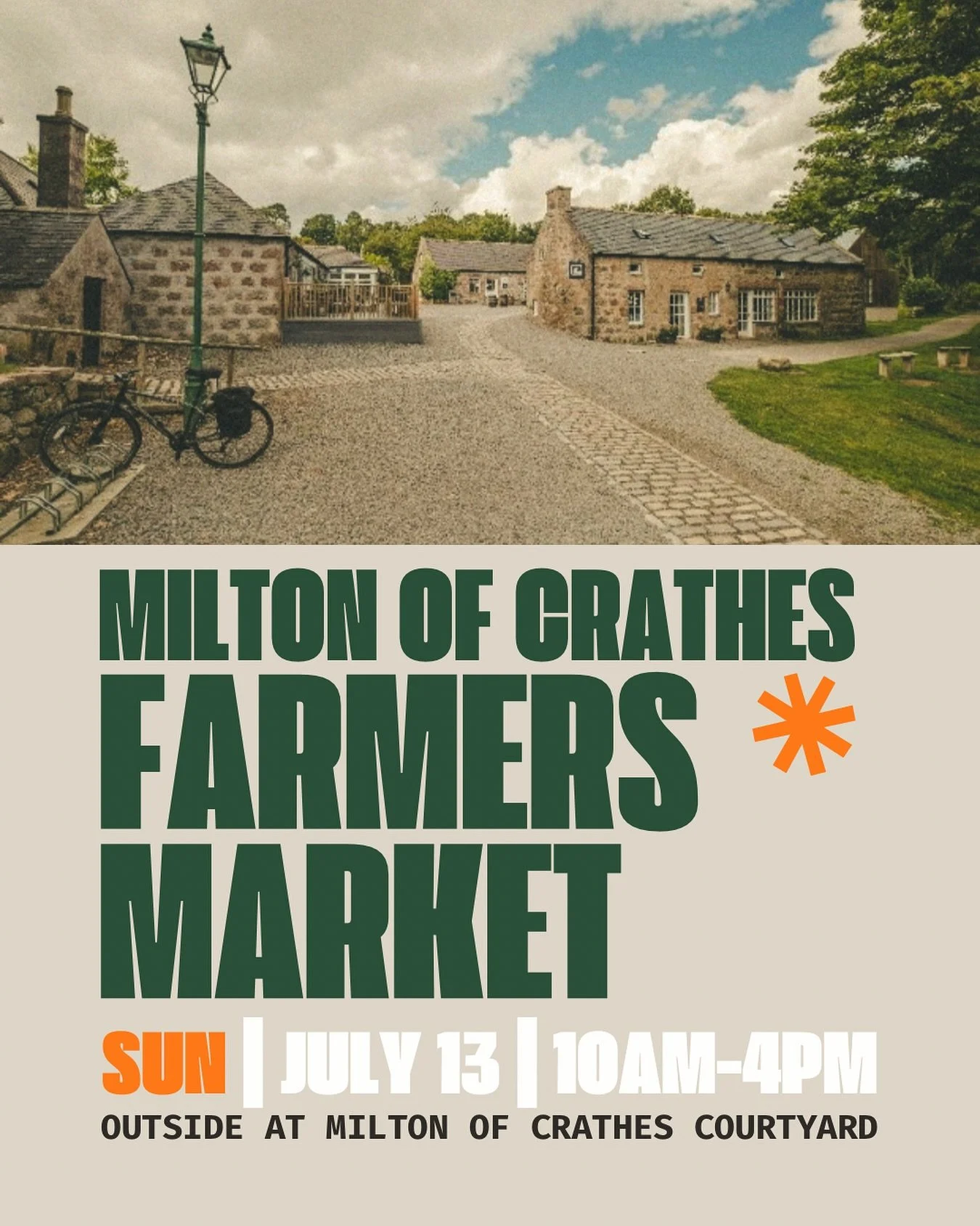 NEXT UP&hellip;..👉🏽
Farmers Market @miltonofcrathes 🌿

📆 Sunday 13th July
⏰ 10am - 4pm 
📍 Milton of Crathes
🆓 entry

A new(ish) MONTHLY outdoor event, gocussing on all local producers and makers 🎪 bakes 🍞 flowers 🌷 drinks 🥂 fish 🐟 chocolat