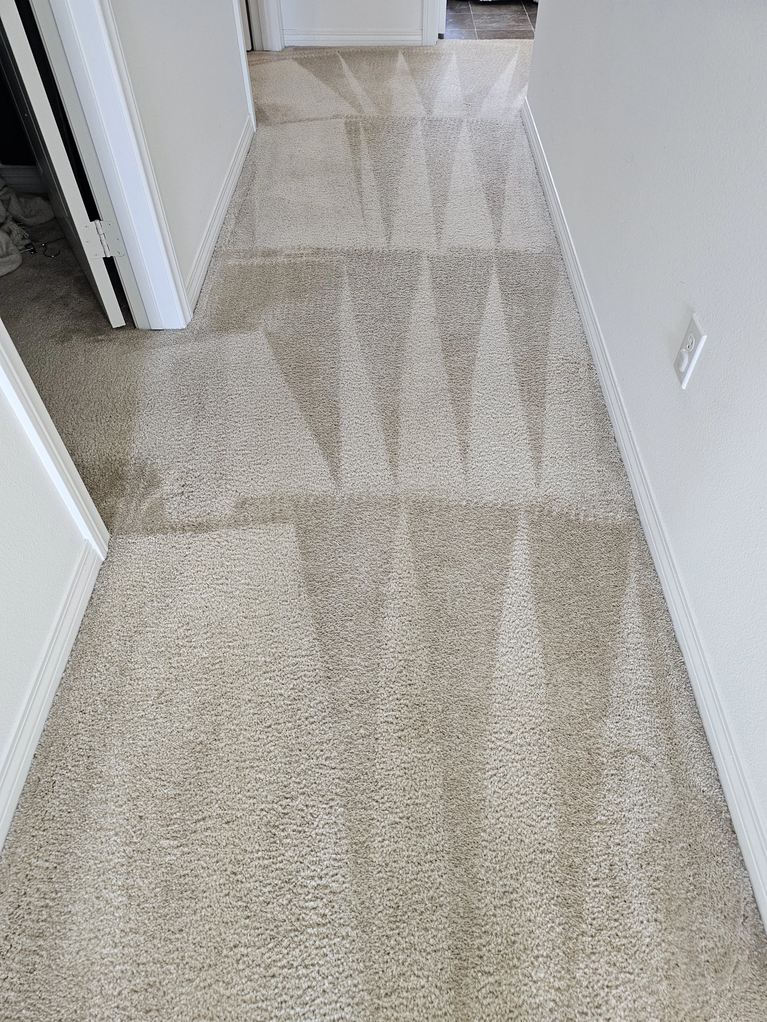 A beige carpeted hallway with marked stains and shadows, white baseboards, white walls, and a white electrical outlet on the right wall.