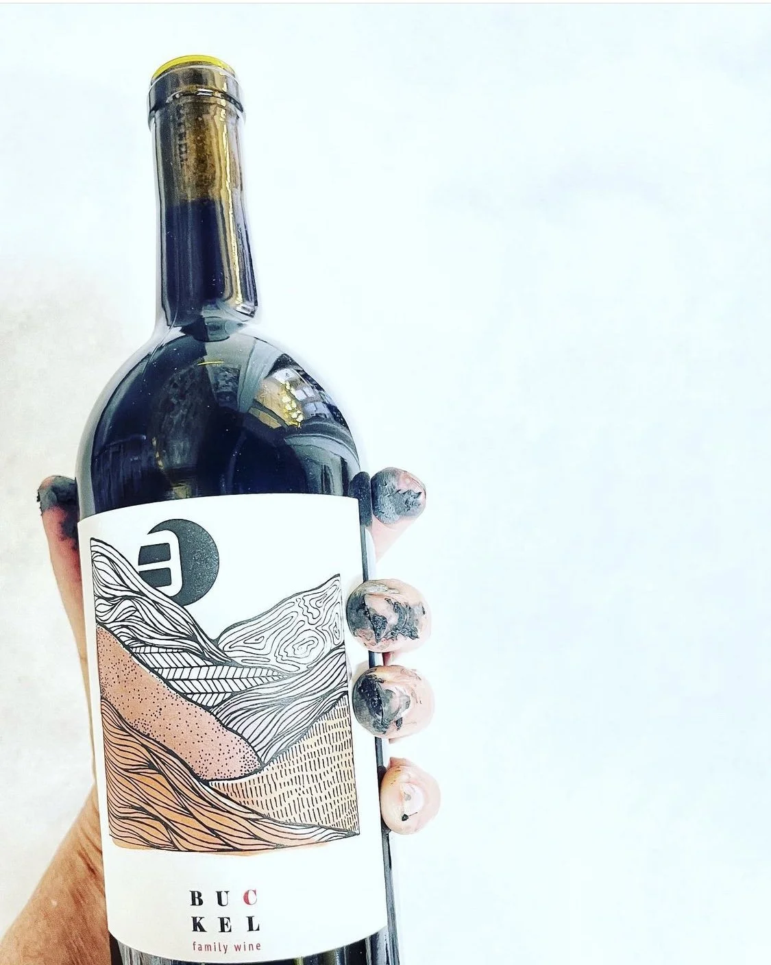 A hand with painted nails holding a bottle of BUCEL family wine with artistic label depicting a mountain landscape, in front of a plain white background.