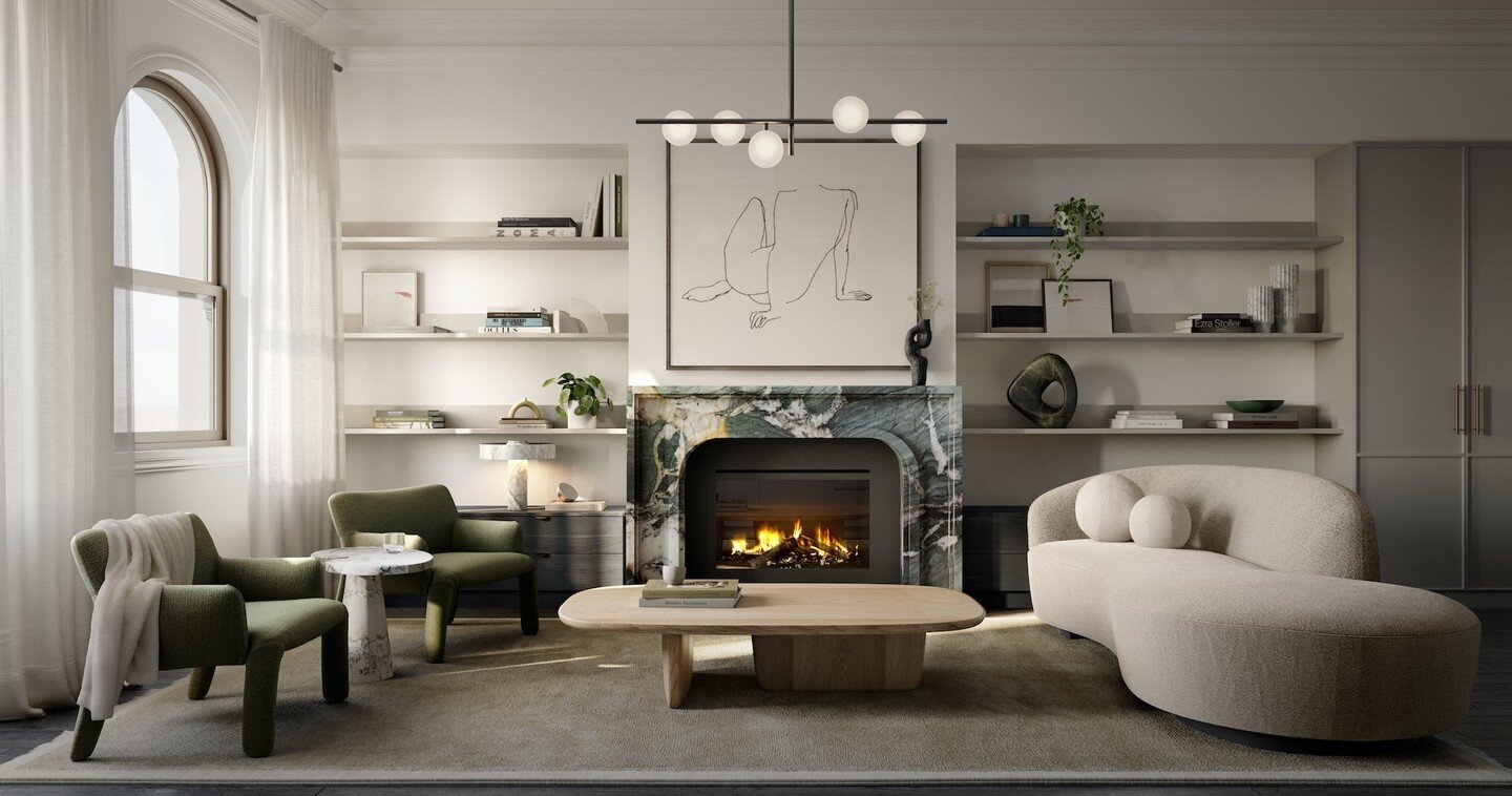 Striking green stone cristanza fireplace, detailed with elegant lines and curves.⁠
⁠
@artedomus