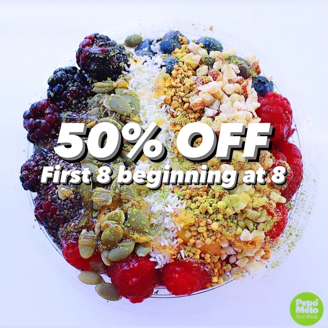 We are now opening at 8am!  First 8 bowls purchased during the 8 o&rsquo;clock hour gets 50% off their bowl!! This is a weekday promo available daily (M-F) at our Claremont location exclusively. 

See ya soon!