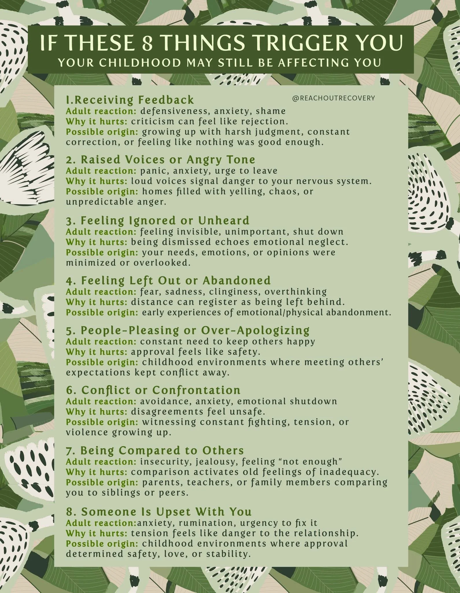 A list of 8 Childhood Triggers that Affect Adult Emotional Reactions.