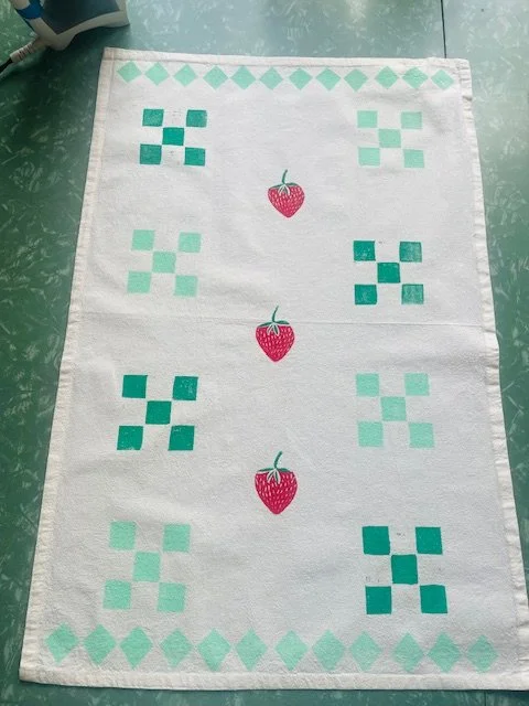 Strawberry Picnic hand-printed tea towel