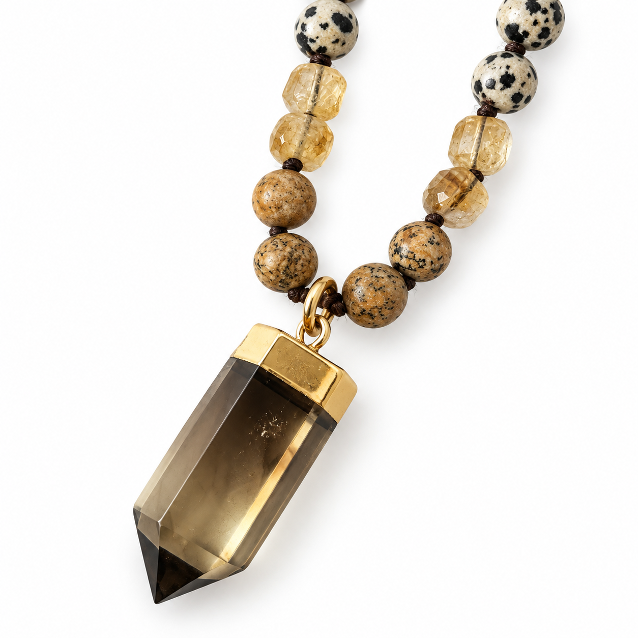 Close-up of Dalmatian Jasper and Citrine beads on the Sacred Alignment Mala