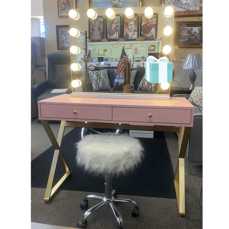 Pink Vanity Desk + Hollywood Smart Mirror  Aggy Furniture