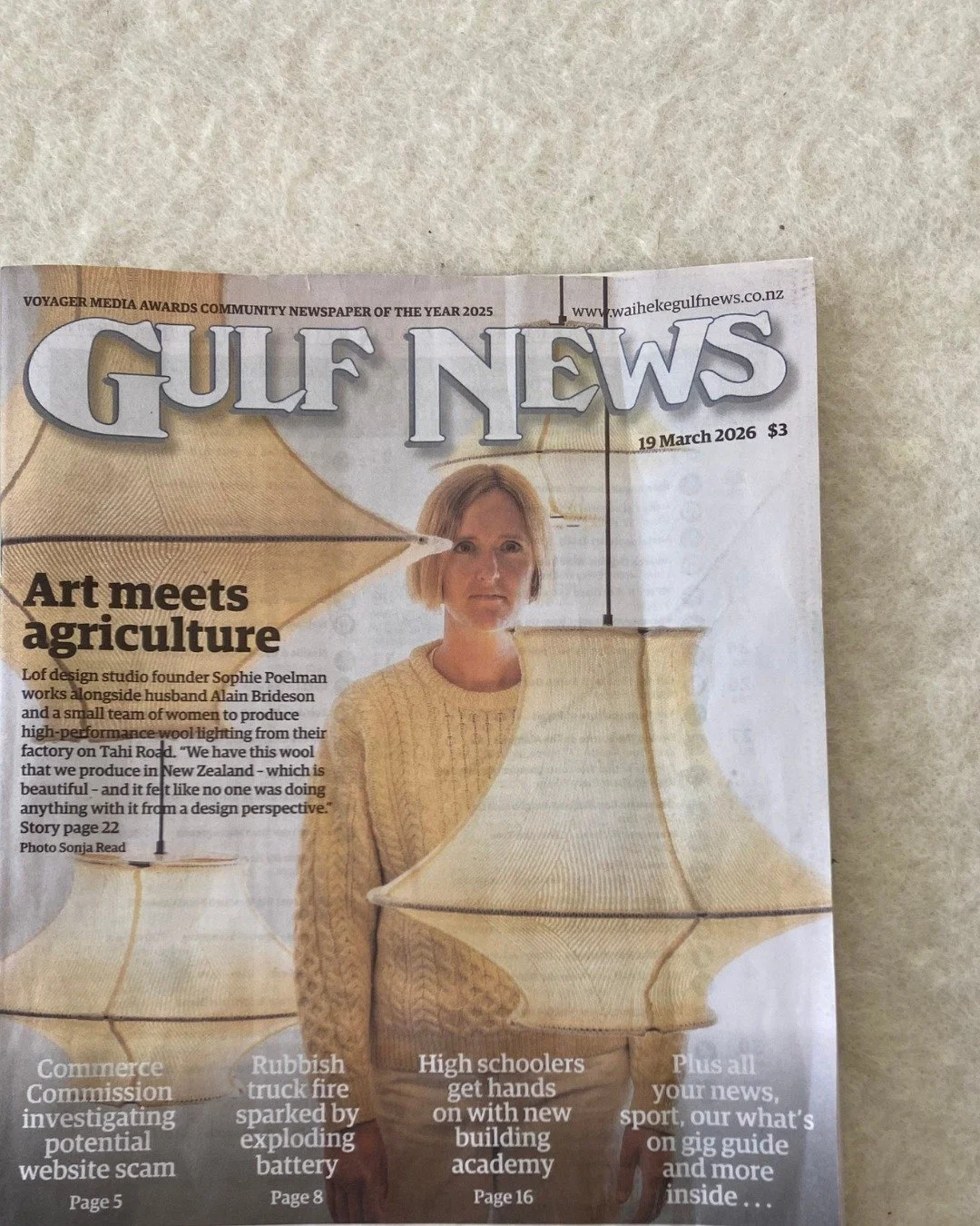 &ldquo;Strong wool &mdash; and actually all the raw materials we grow in Aotearoa &mdash; hold far greater value than we currently utilise.&rdquo; 

Front cover and a piece in the local Waiheke paper this week about our recent In the Making exhibitio