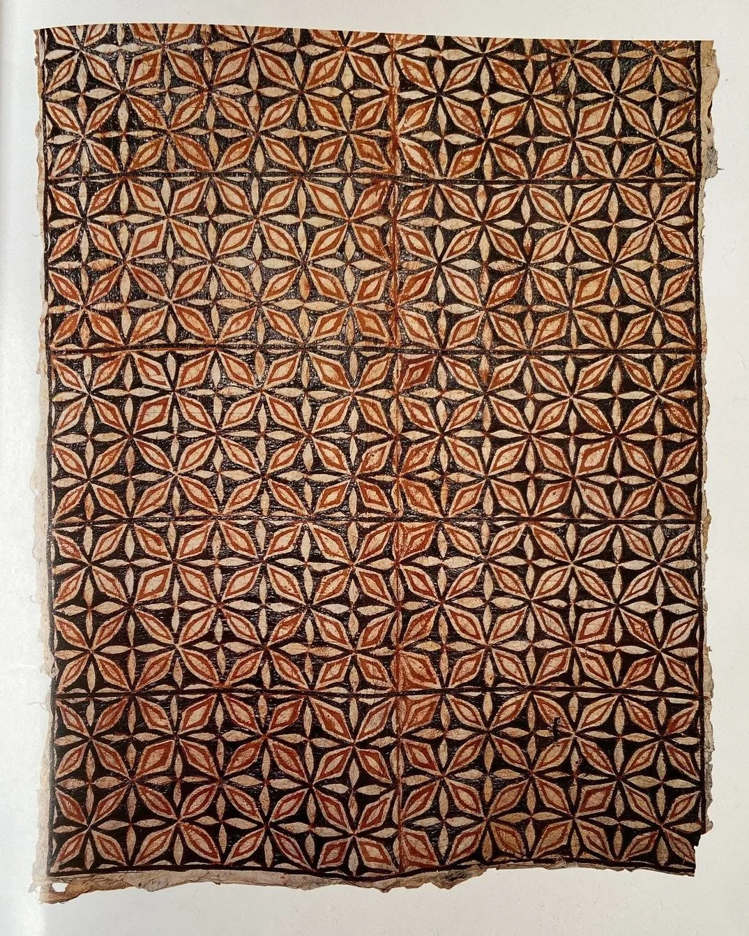 Siapo vala, Samoa. A siapo produced with careful overpainting on a simple ground,
 imprinted from a carved wooden upeti.

&mdash; repetition, symmetry, and organic form
An early reference for the HIWA and BLOEM wooden frame 

Image: Neich, Pendergras