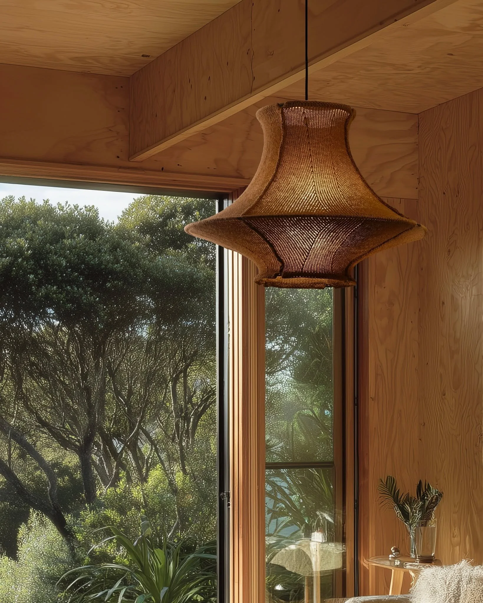 This is our Hiwa 60L in Harakeke Gold hanging in a Waiheke-style home. We now have only two left from this limited edition - two completely different expressions of the same natural dye process.

One is a deep, one-of-a-kind chocolate brown, very dar