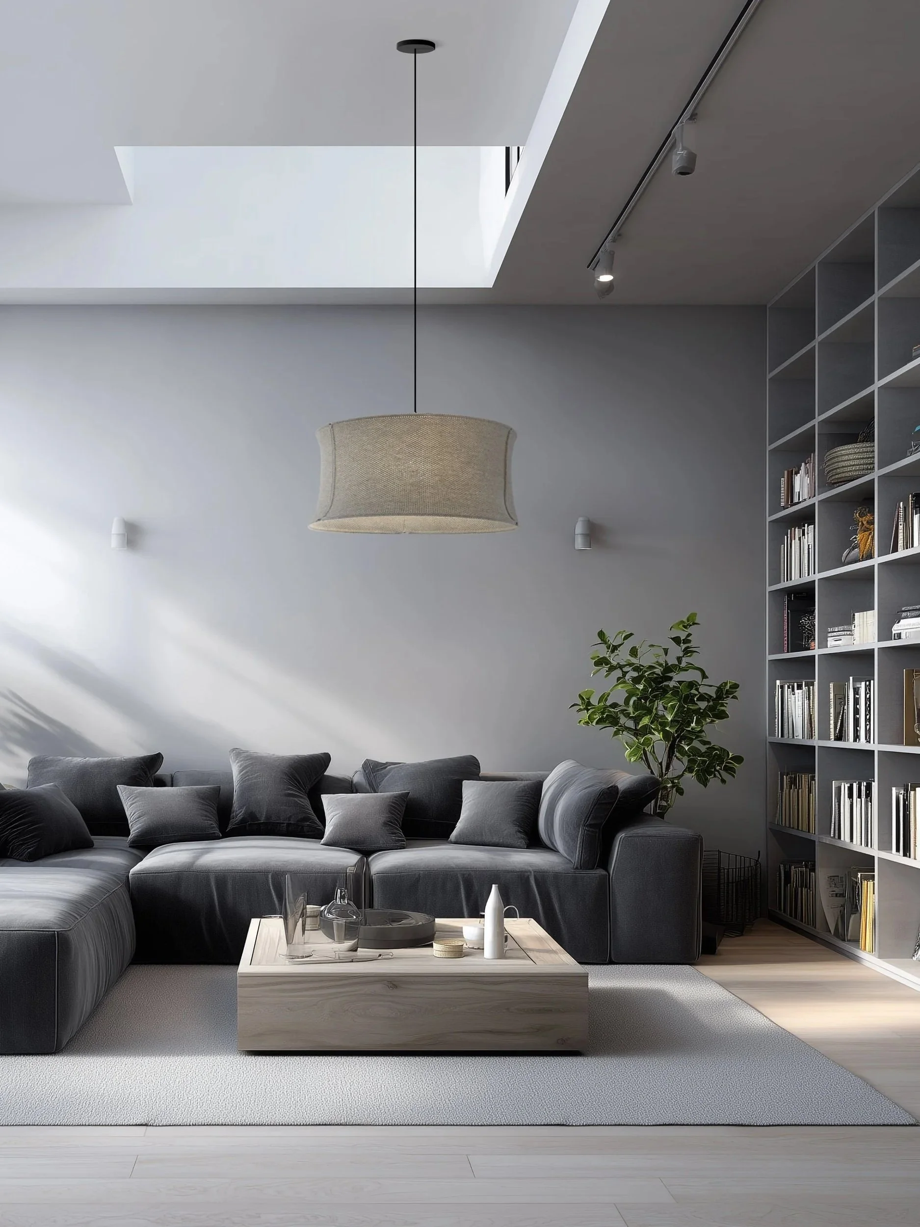 Hoop 60 light grey melange, wool pendant light, New Zealand–made acoustic lighting in a modern living room