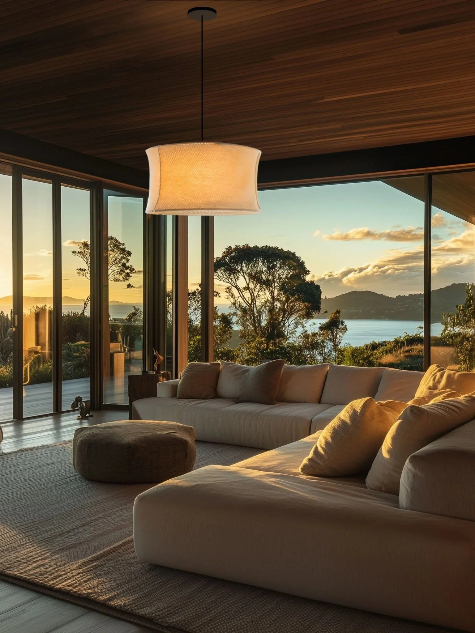 Wool Hoop 60 wool pendant light in an open-plan coastal living area, New Zealand–made acoustic lighting