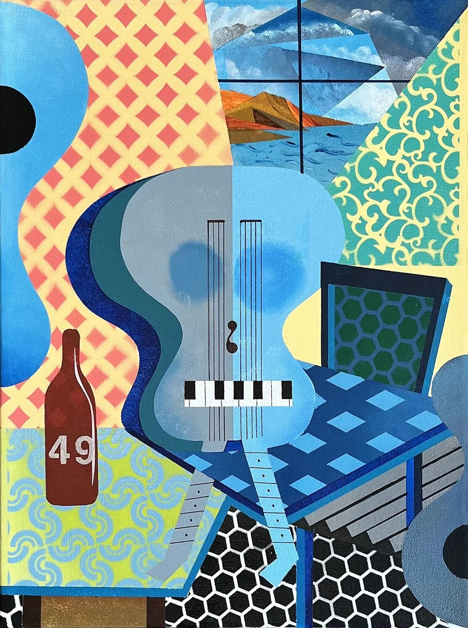 "Skull Impersonating Two Guitars" by Gene Jones