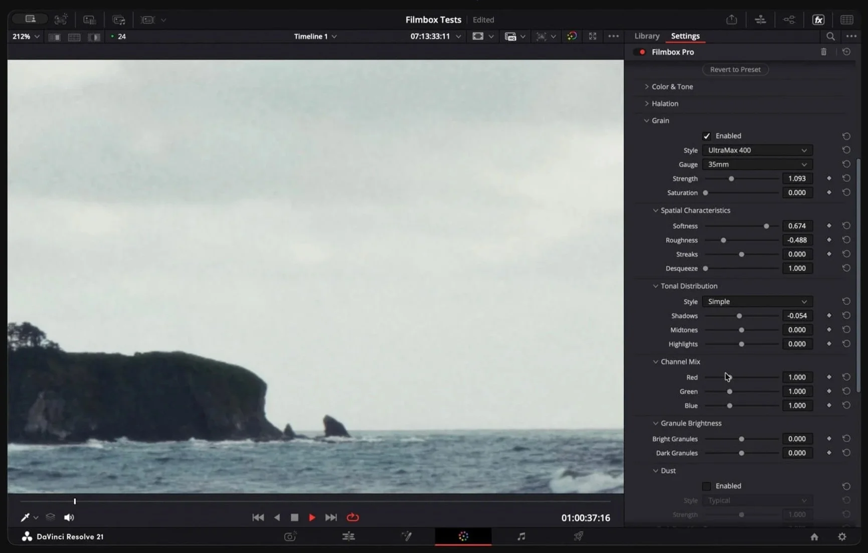 filmbox pro ui showing grain settings