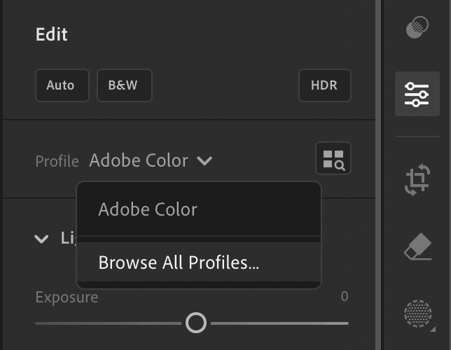 adobe lightroom interface screenshot showing the browse all profiles dropdown beneath the color profile section