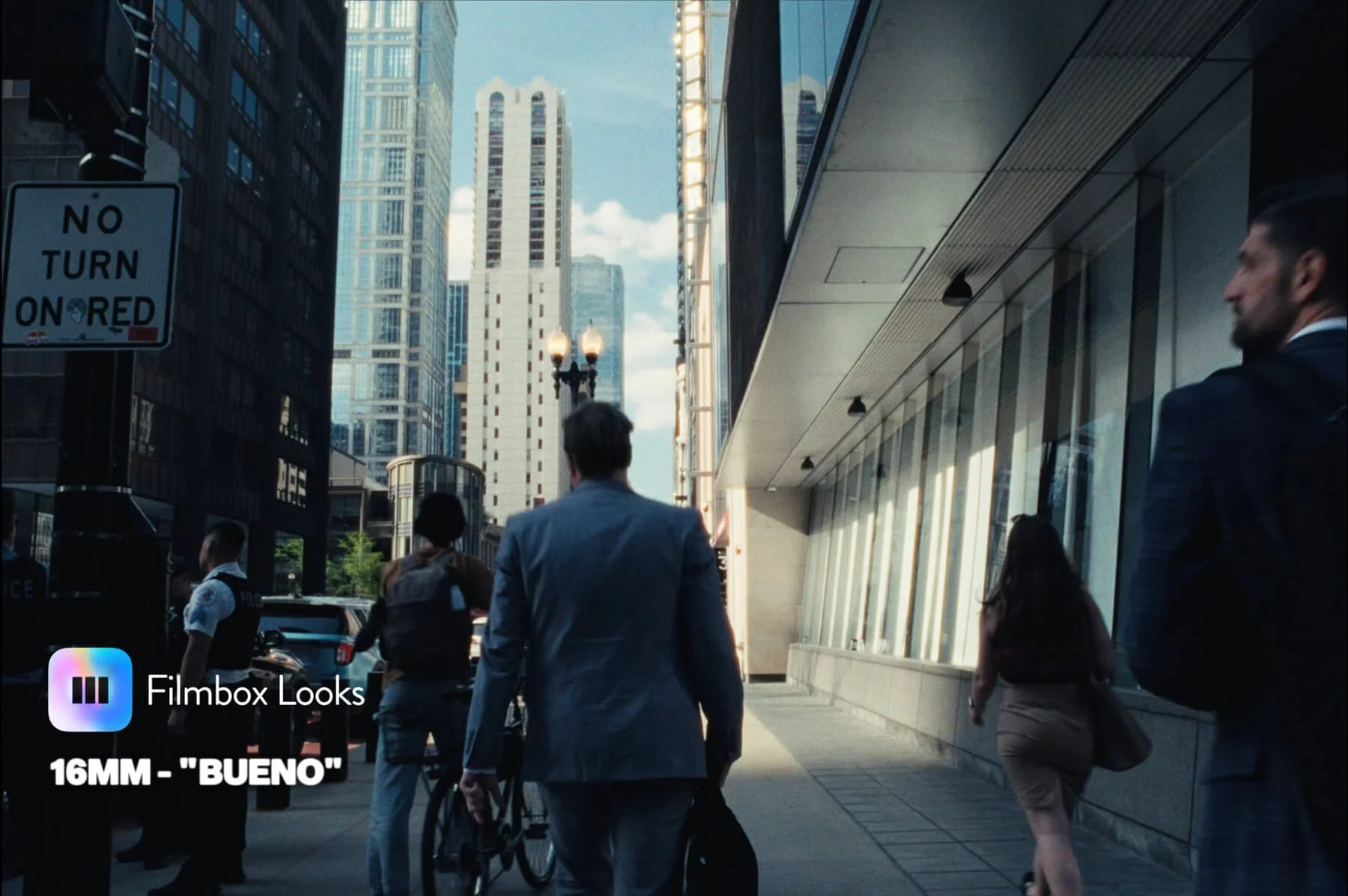 still from a downtown street in chicago with a cool, green color grade