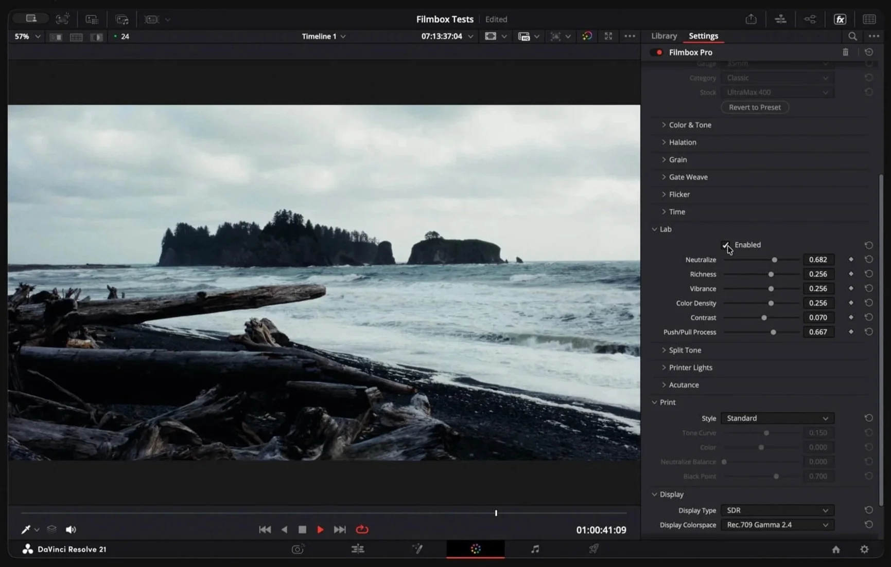 filmbox pro ui showing lab, saturation, and richness settings