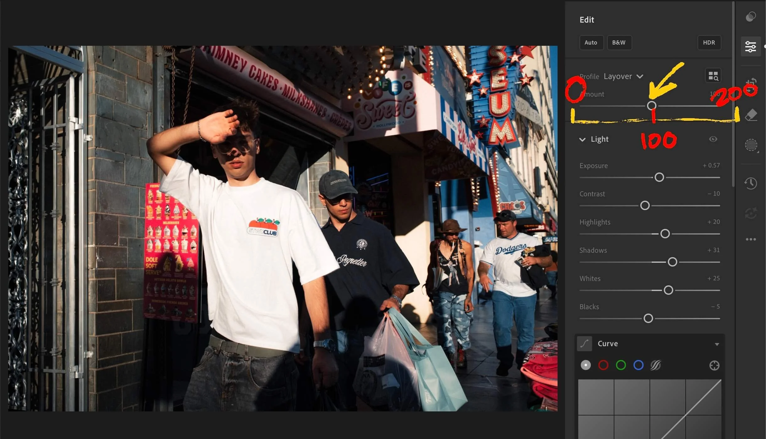 adobe lightroom screenshot showing how color profile amount slider can be adjusted from 0 - 200