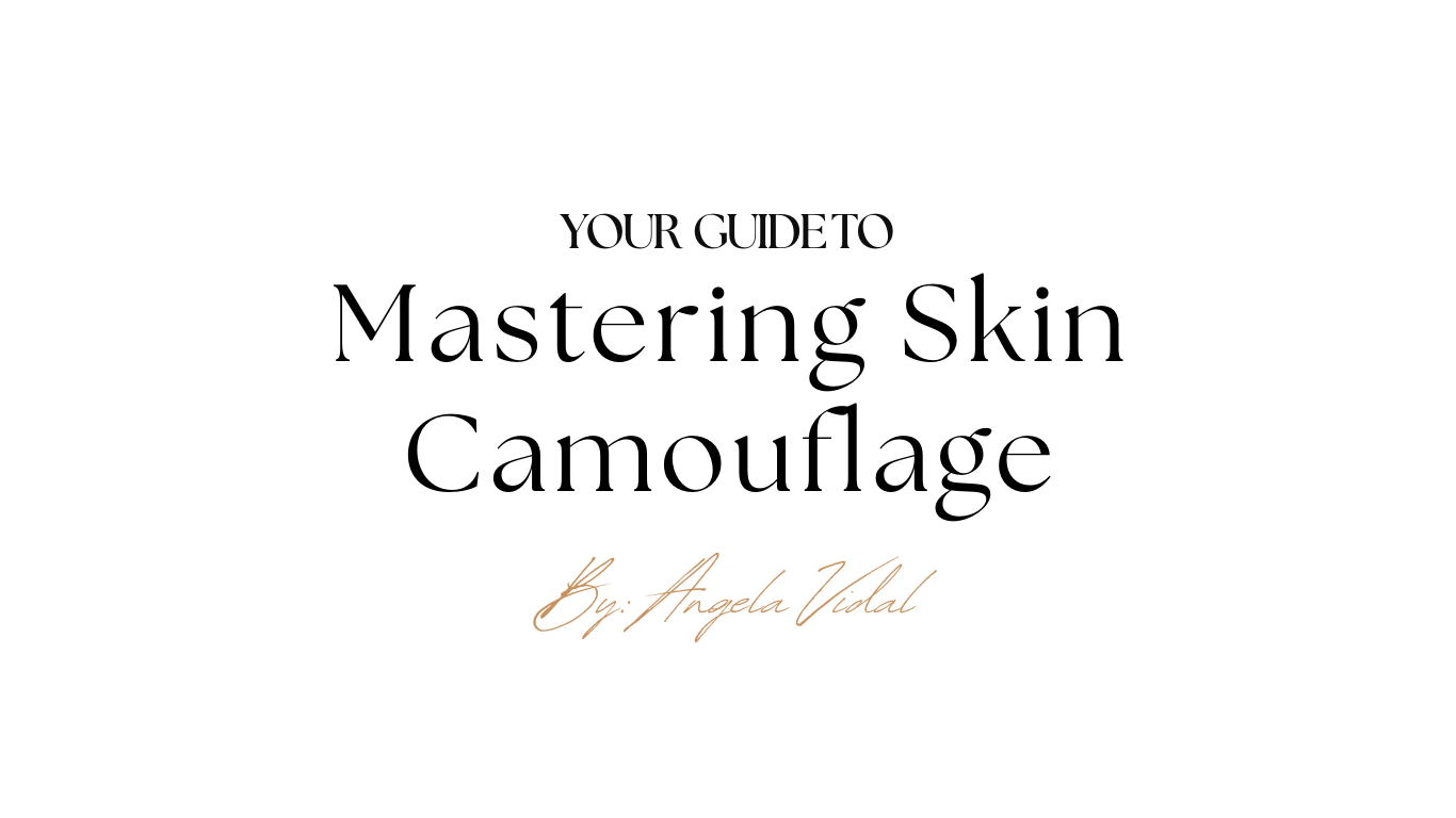 Title page of a guide titled "Mastering Skin Camouflage" by Angela Vidal. The background is white with black and gold text.