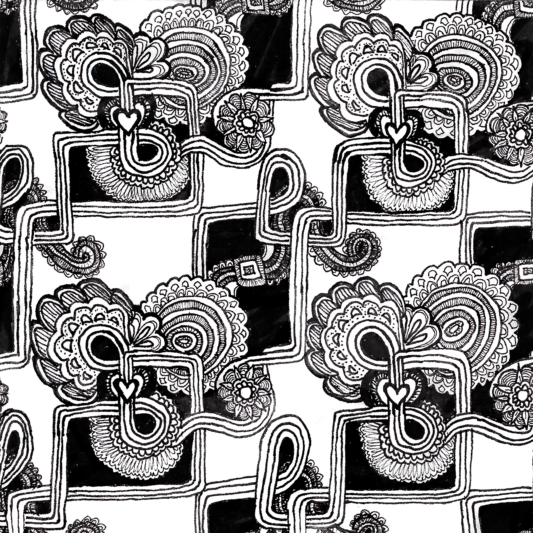 [image description: repeating pattern of swirls and loops over a sort of checkerboard background]