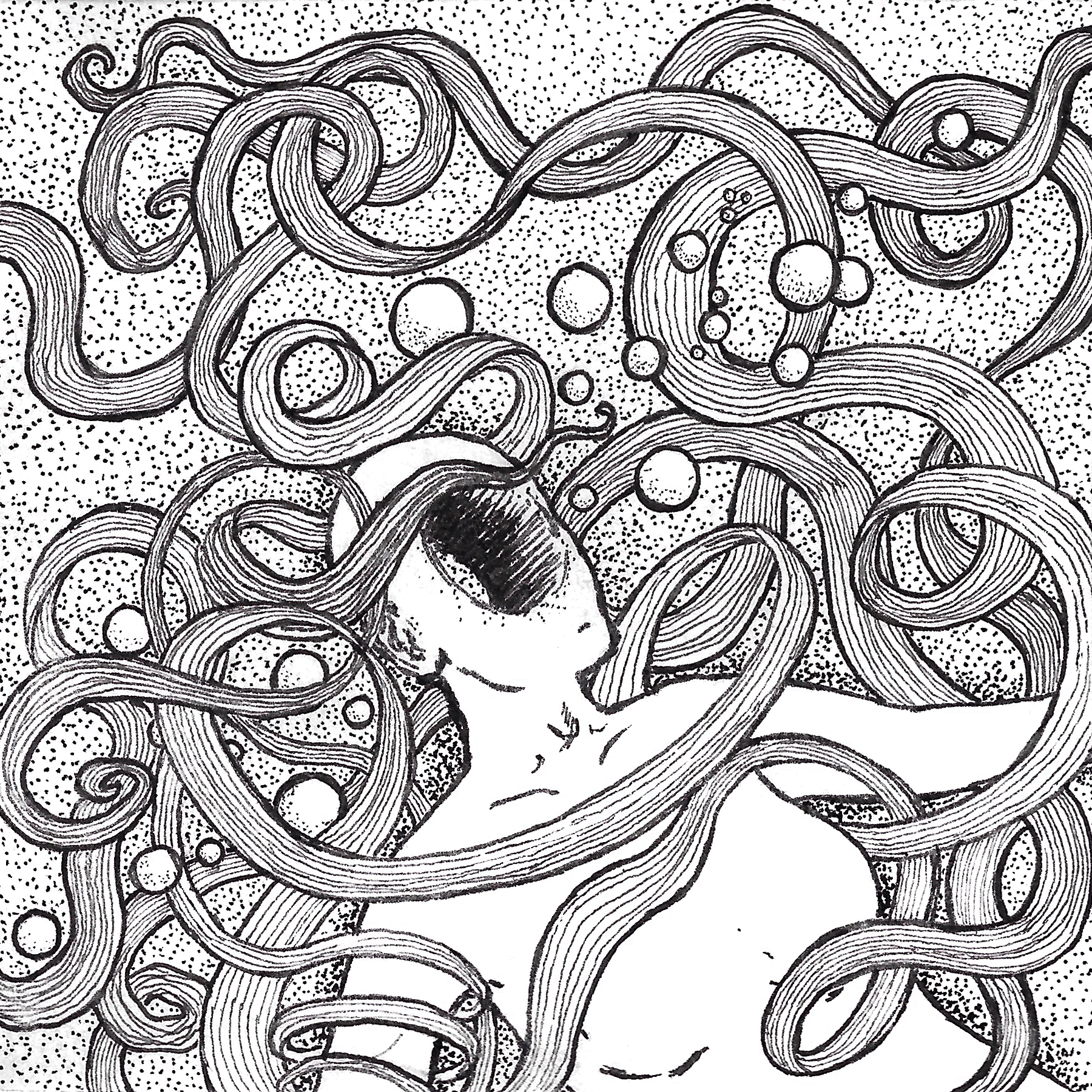 [image description: a blank female body from the mid-torso up floats in space. there is a hole through the head where the face should be and the body is surrounded by twisting ribbons and little spheres]