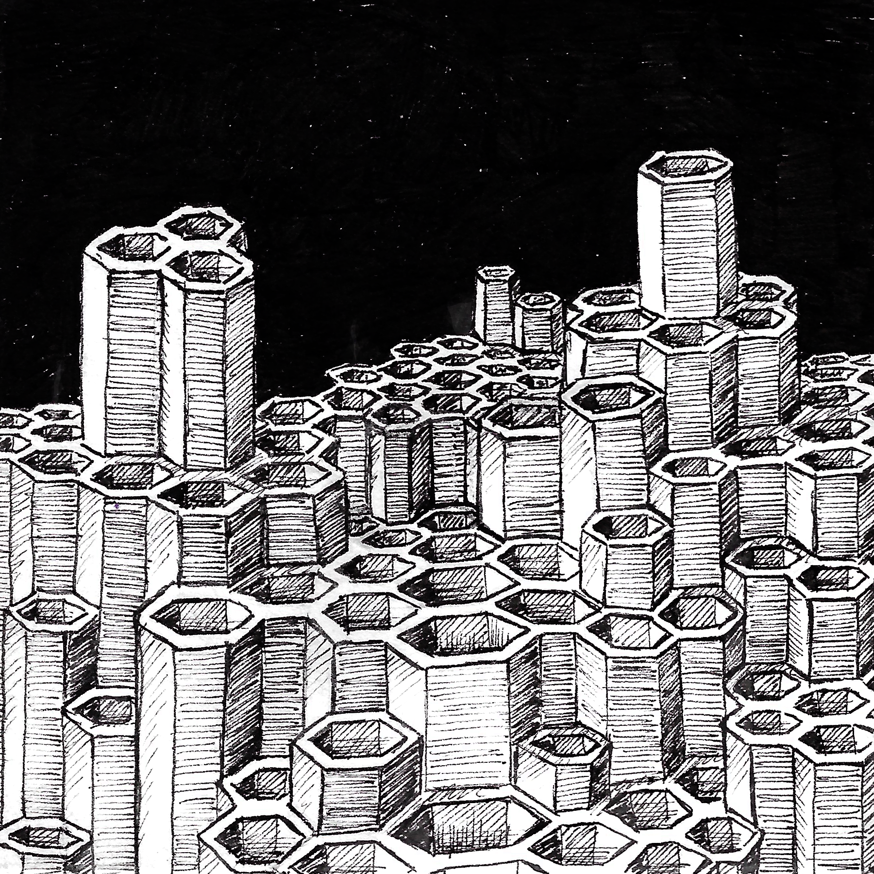 [image description: a honeycomb-like structure rising in columns against a dark background]