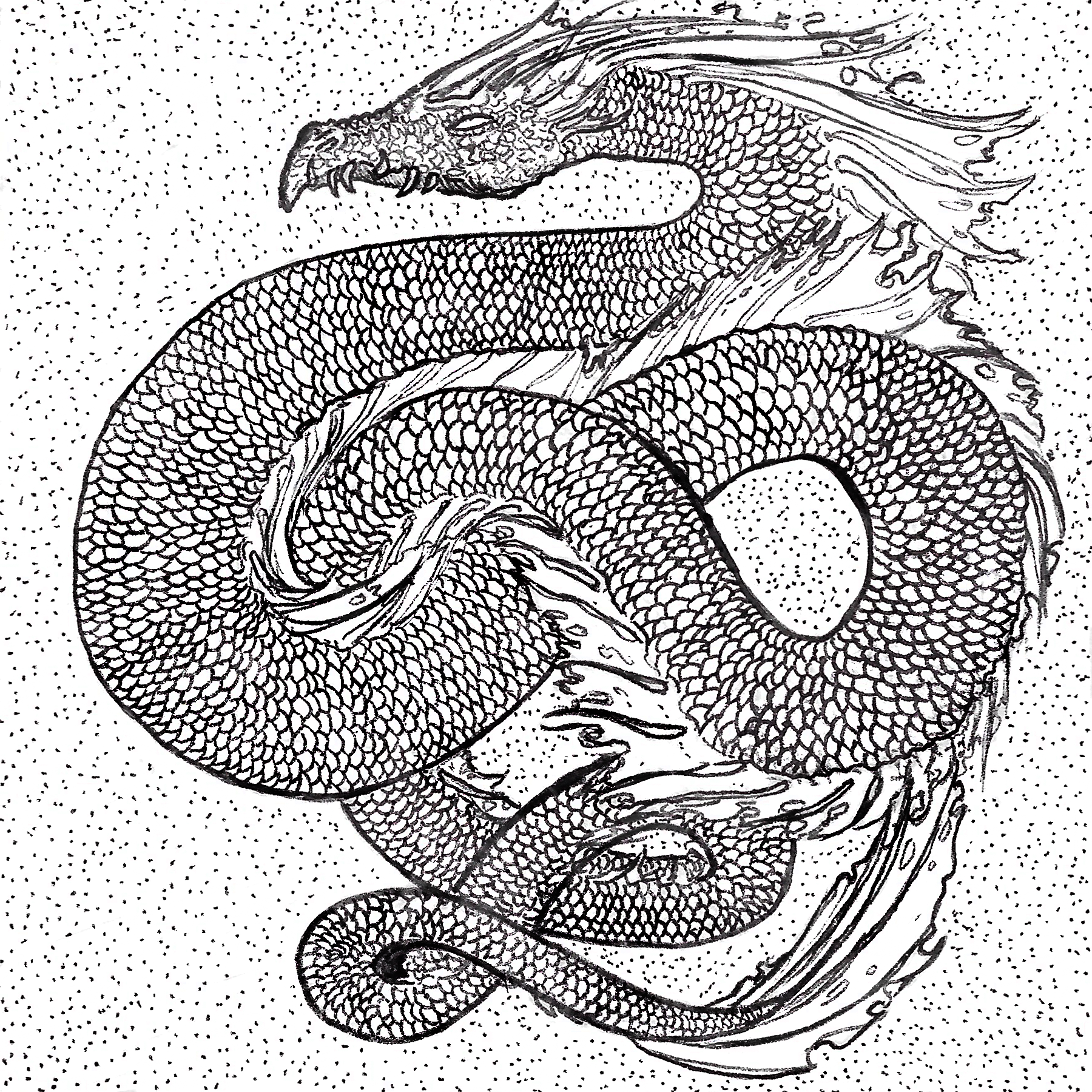 [image description: long serpentine dragon with fishlike scales wound around itself]
