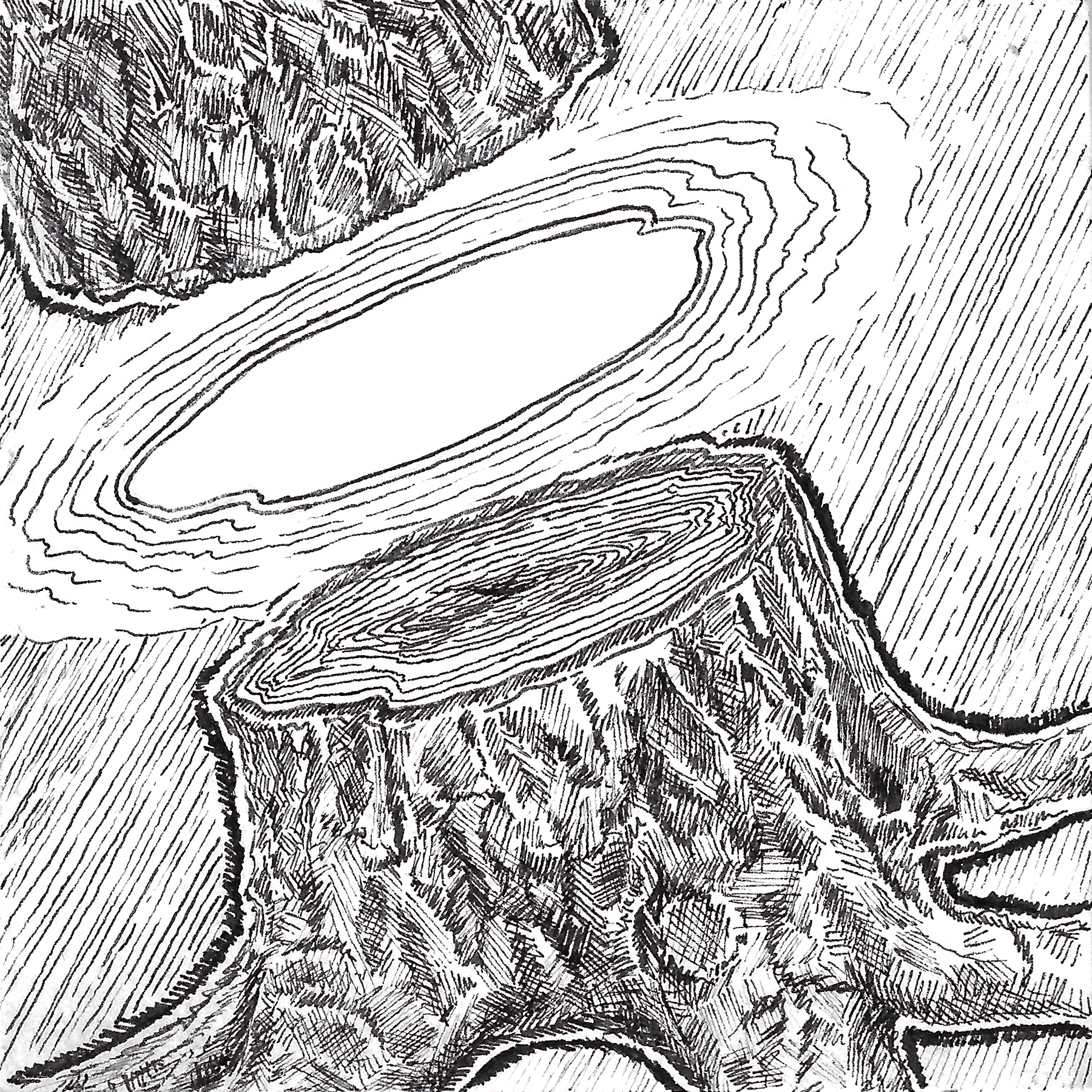 [image description: a tree stump with the detached trunk hovering about a foot over the cut surface. the rings of the tree are expanding in the air like ripples in a pond]