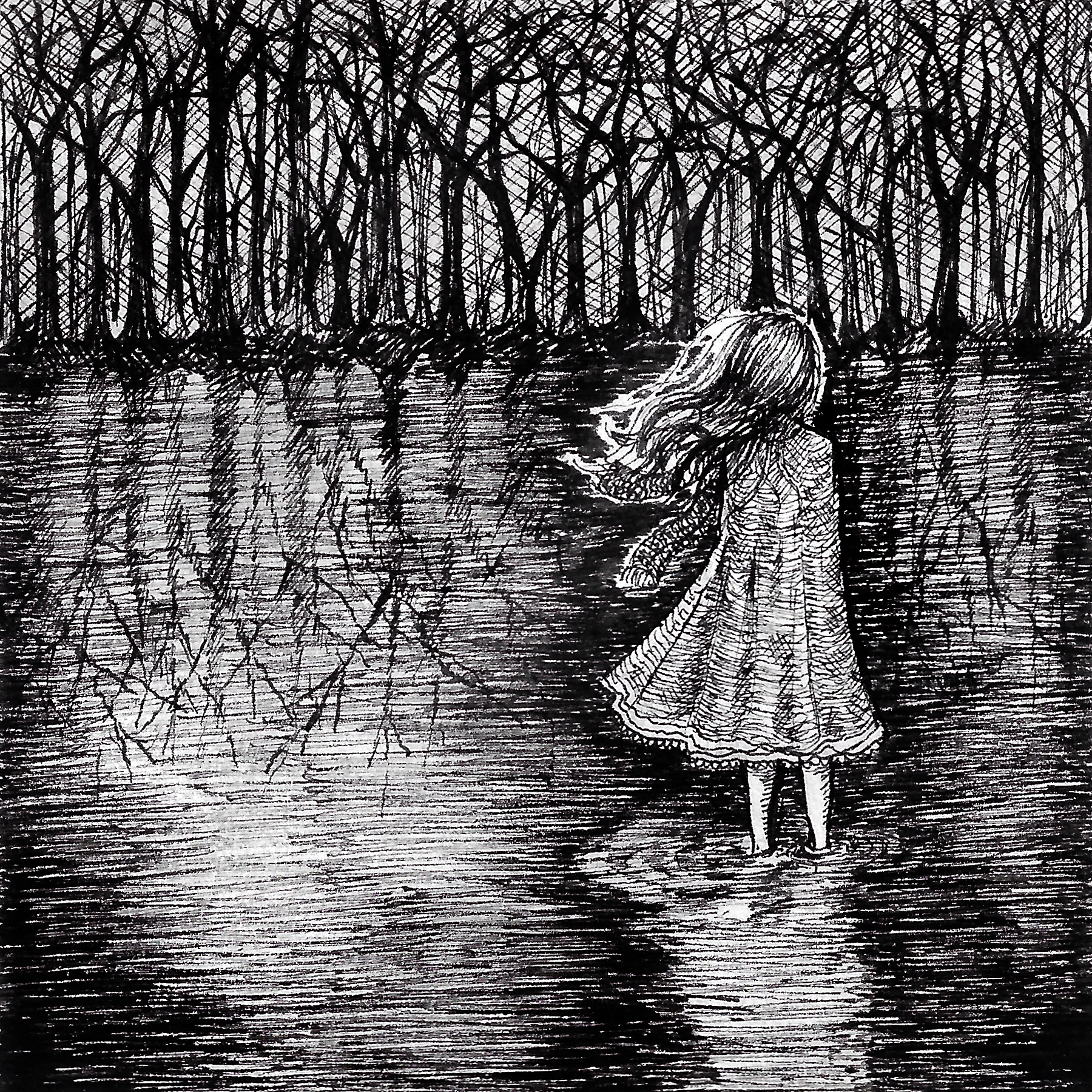 a girl stands with her back to the viewer, looking out onto the water. her hair is blowing to the left and the water is up to her ankles. the trees across the water are mirrored on the surface before her.