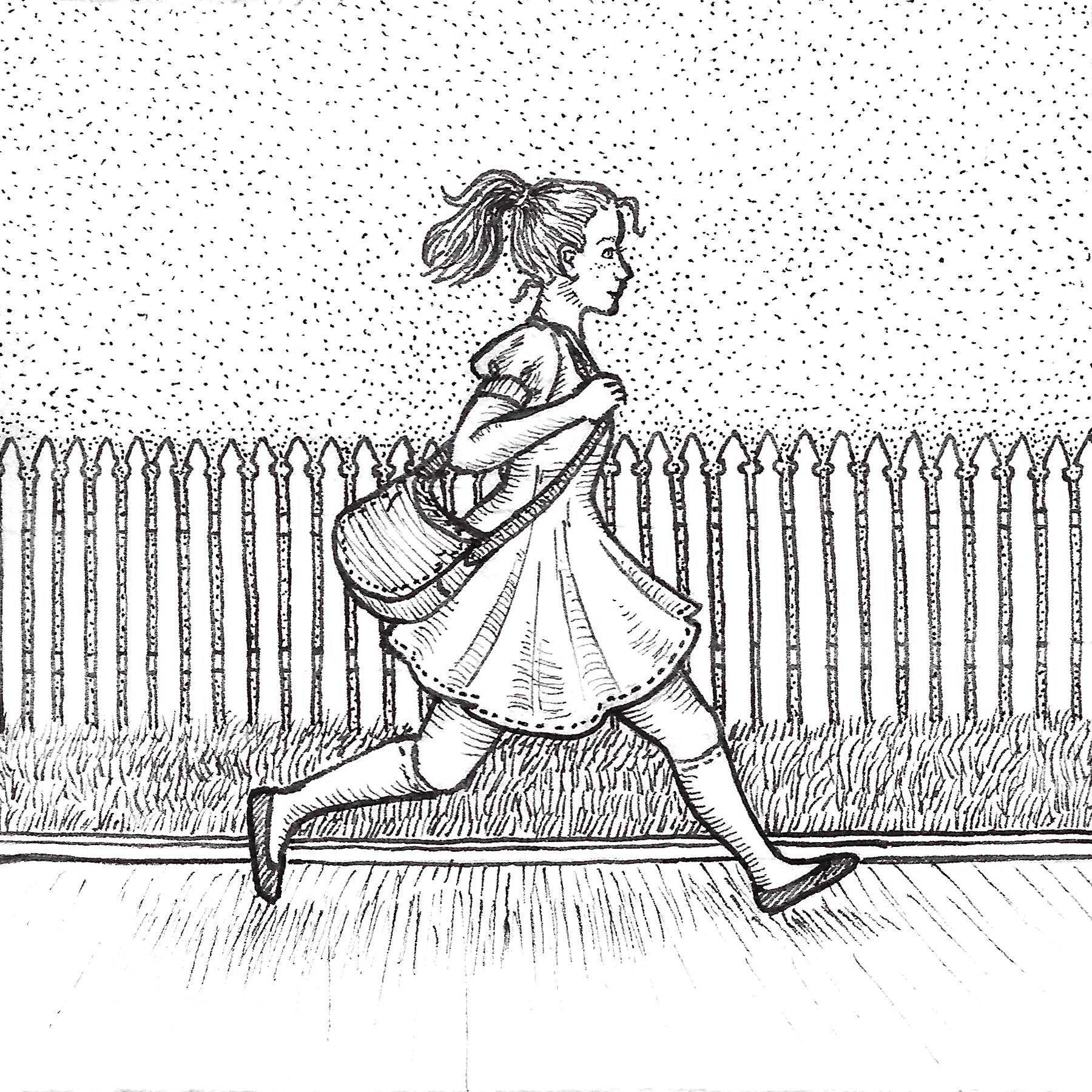 [image description: a girl with a ponytail and a purse slung over her shoulder is mid-stride down a sidewalk with a white picket fence behind her]
