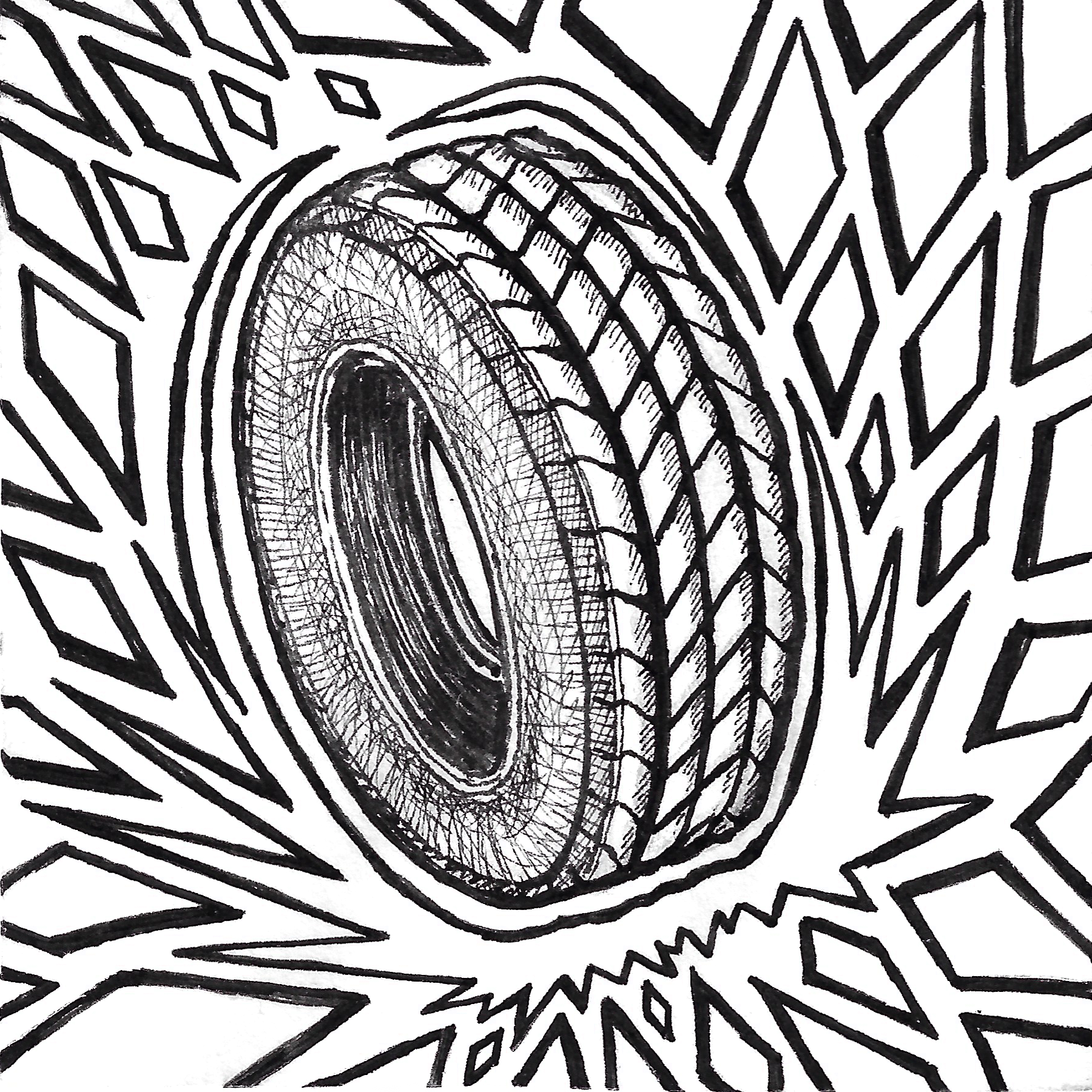 [image description: a tire surrounded by geometric shapes that indicate movement]