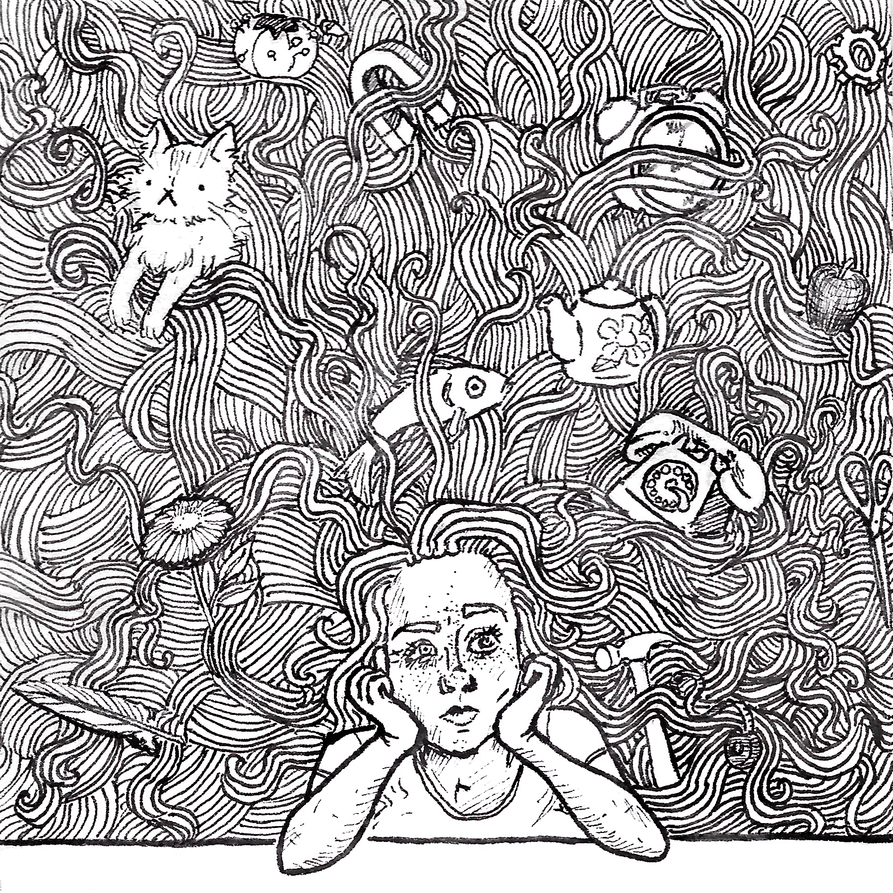 [image description: a girl with her elbows propped on the counter in front of her. The rest of the frame is filled with her endless curly hair, which has objects stuck in it including a cat, magnet, pincushion, fish, telephone & alarm clock]