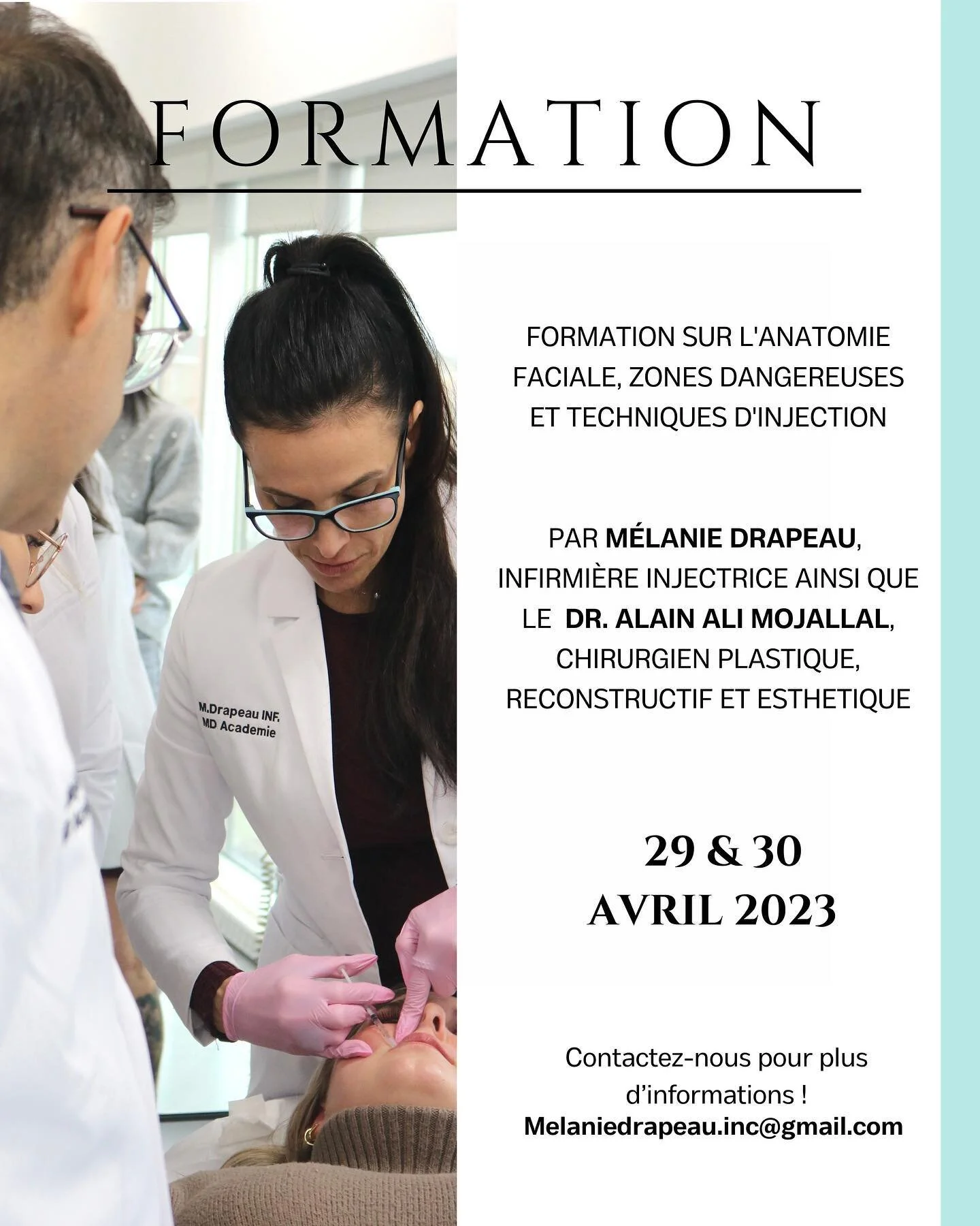 La prochaine formation donner par
@melaniedrapeau.inc &amp; @professor_mojallal se d&eacute;roulera le 29 &amp; 30 avril 2023.

Pour plus d&rsquo;informations, veuillez nous &eacute;crire en DM ou envoyez nous votre CV et votre num&eacute;ro licence 