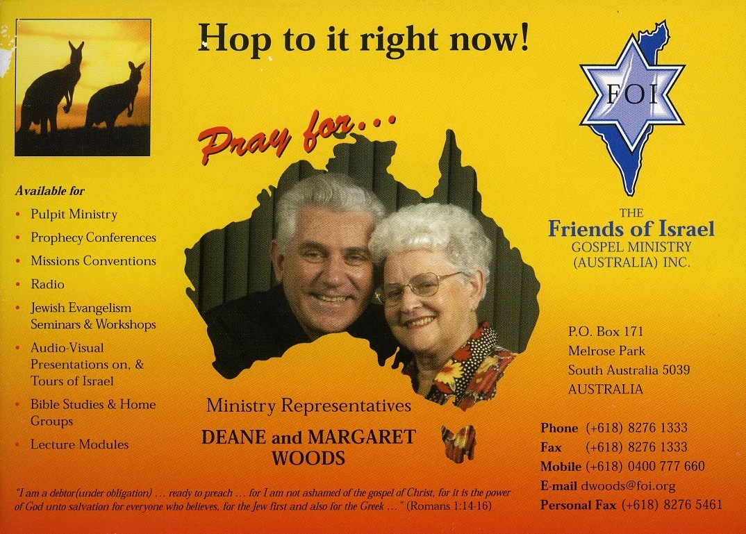 An advertisement for the Friends of Israel Gospel Ministry in Australia featuring a photo of Deane and Margaret Woods, with contact information and a list of available services, including seminars, prophecy conferences, and Bible studies, on a yellow background with Australian kangaroo silhouettes.