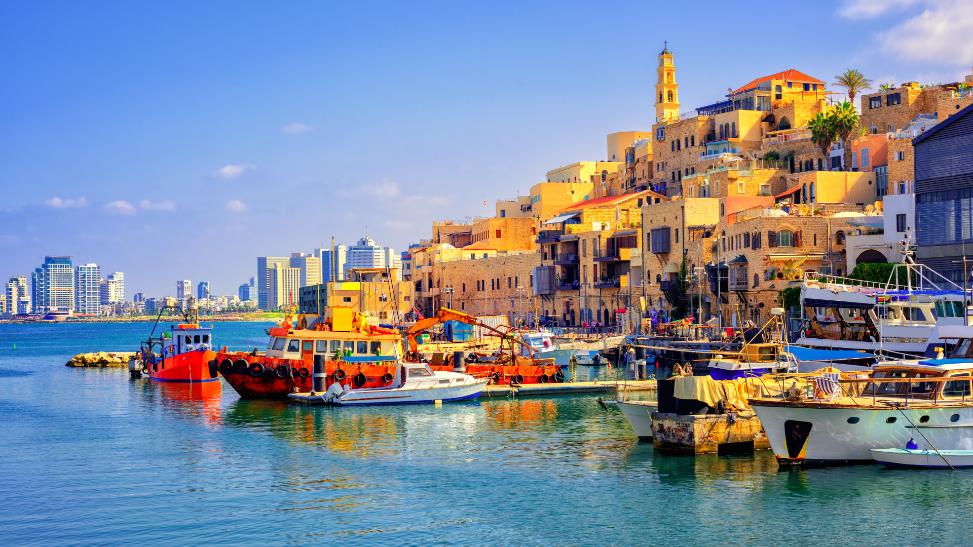Harbor with boats docked, colorful buildings on hillside, city skyline in background under blue sky.