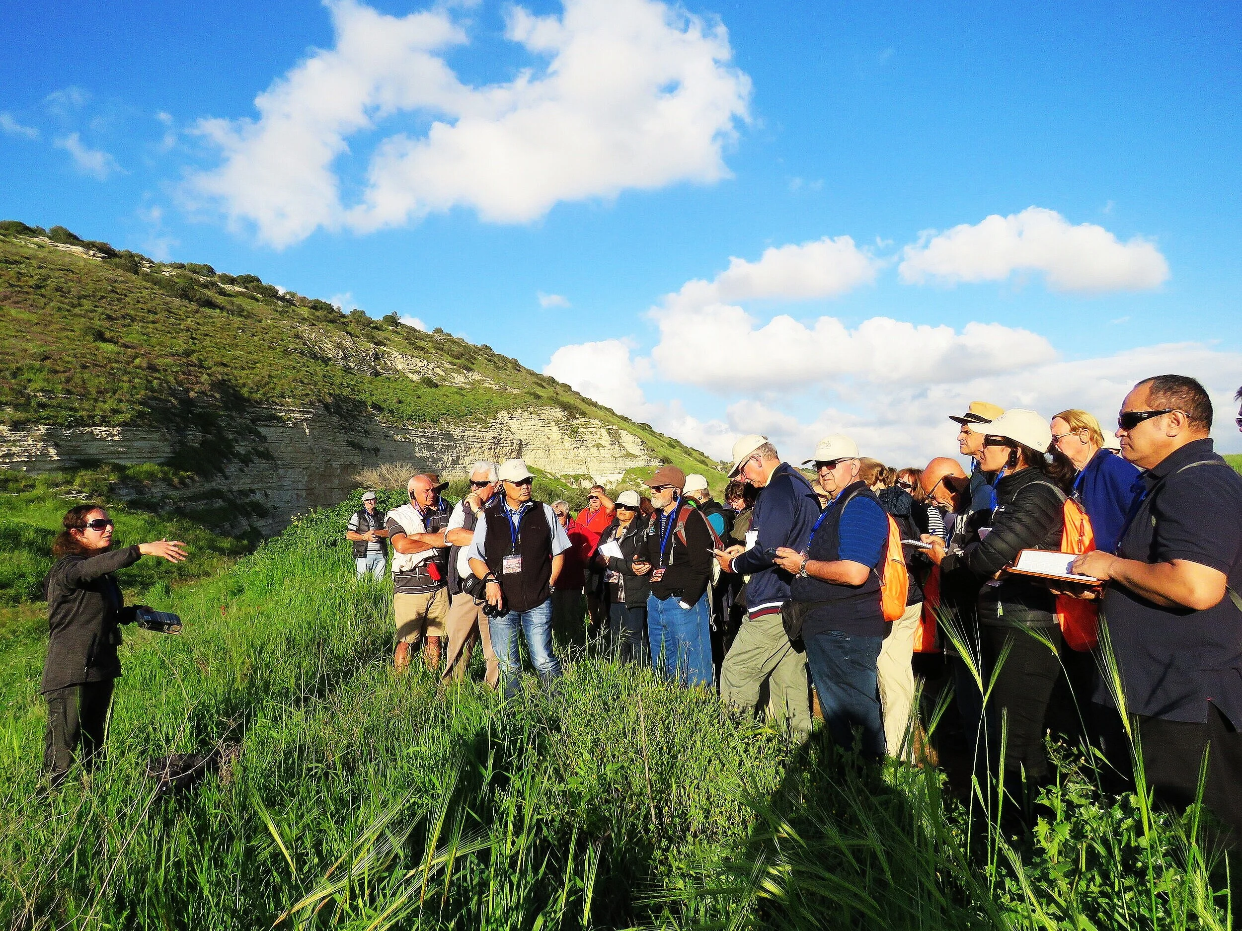 A group of people on a guided outdoor tour listening to a woman speaker in a grassy field with a hill and cloudy sky in the background.