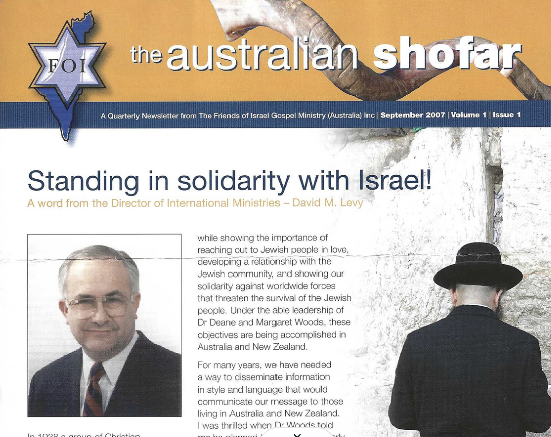Newsletter titled "The Australian Shofar" with a logo featuring a Star of David and a map of Australia. The headline reads "Standing in solidarity with Israel!" and includes a photo of a man in a suit and glasses on the left side and a man with a black hat and dark coat facing a wall on the right side.