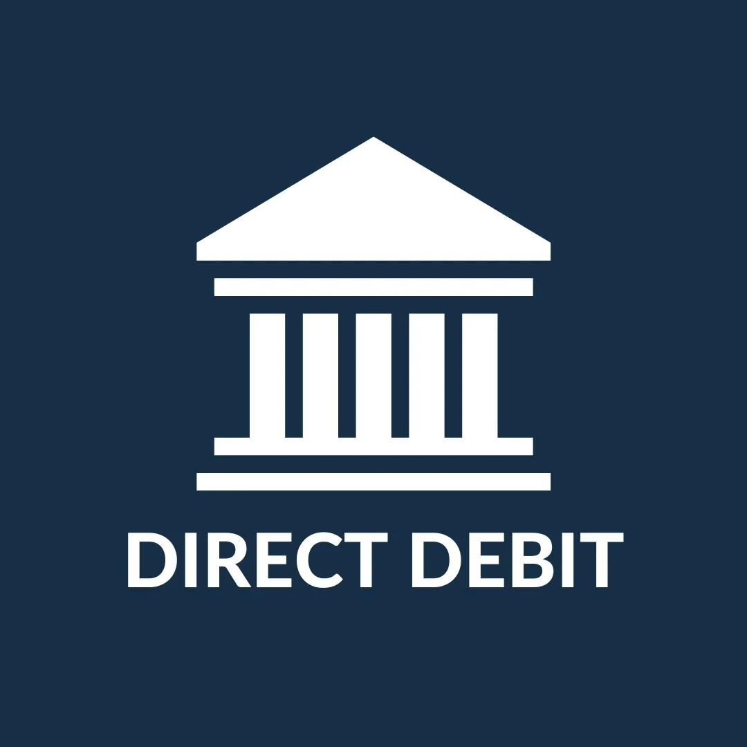 Icon of a classical building with a roof and columns, with the words 'Direct Debit' underneath, on a dark blue background.