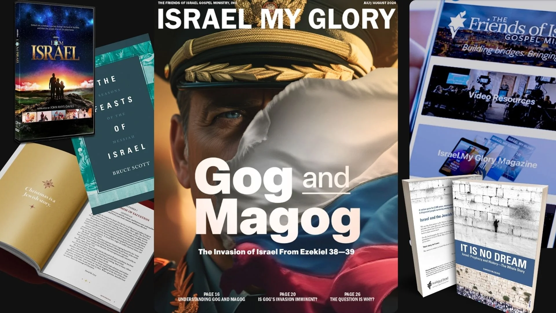 A collage of various books and magazines related to Israel, including a magazine titled "Israel My Glory" featuring a soldier's portrait, a book titled "The Seasons of the Beasts of Israel" by Bruce Scott, an open book with a welcoming message about Christmas, a booklet discussing Israel and the Jewish people, and a book titled "It Is No Dream" about Israel's prophecy and history. There is also a cover of a documentary titled "I am Israel" and a webpage screenshot of The Friends of Israel Gospel Ministry.