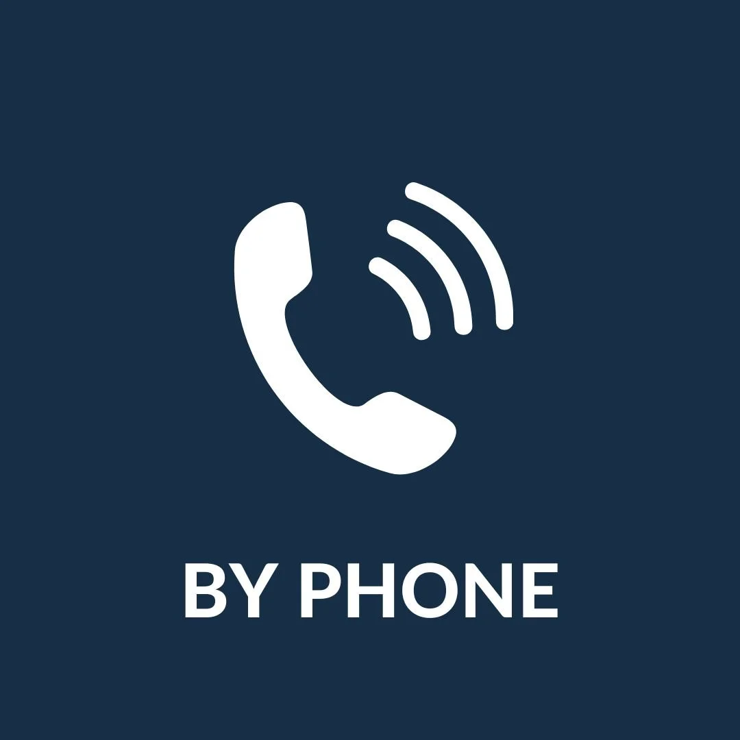 Icon of a telephone receiver with sound waves, indicating a call, and the text 'BY PHONE' underneath.