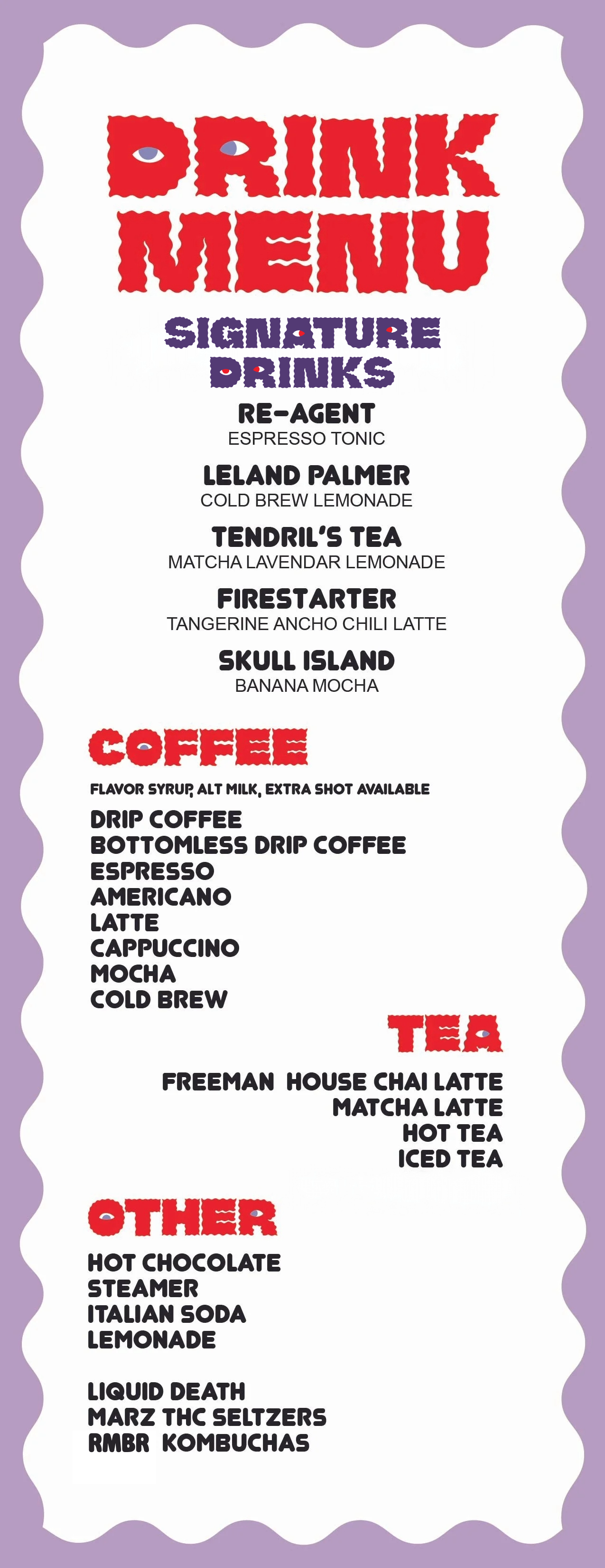 Menu listing drinks under categories of signature drinks, coffee, tea, and other beverages, with options such as espresso, lemonade, matcha latte, and kombucha.