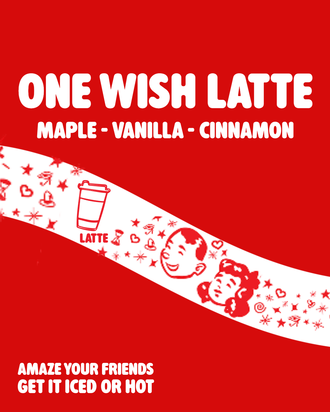 Red packaging for One Wish Latte flavor, which includes maple, vanilla, and cinnamon, with a diagonal white band featuring red illustrated icons and text.
