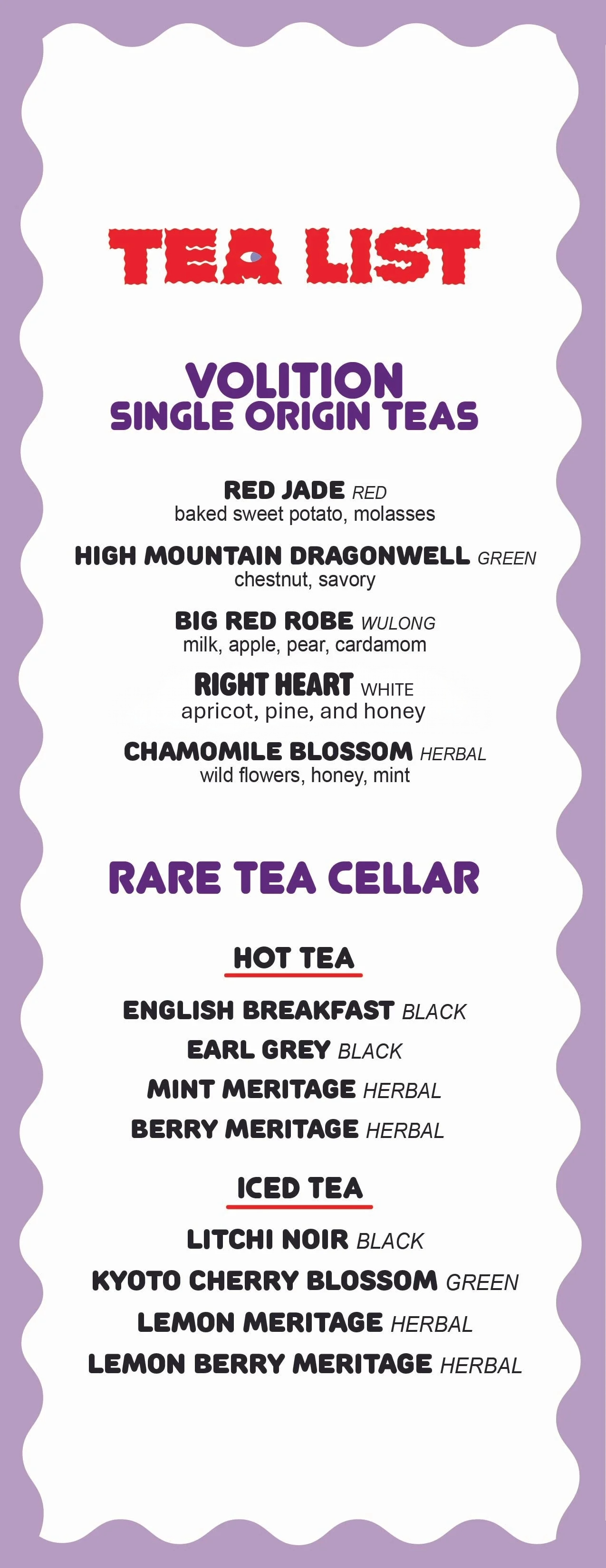 Tea list menu with various single-origin teas, rare teas, hot and iced teas, including descriptions and flavors.