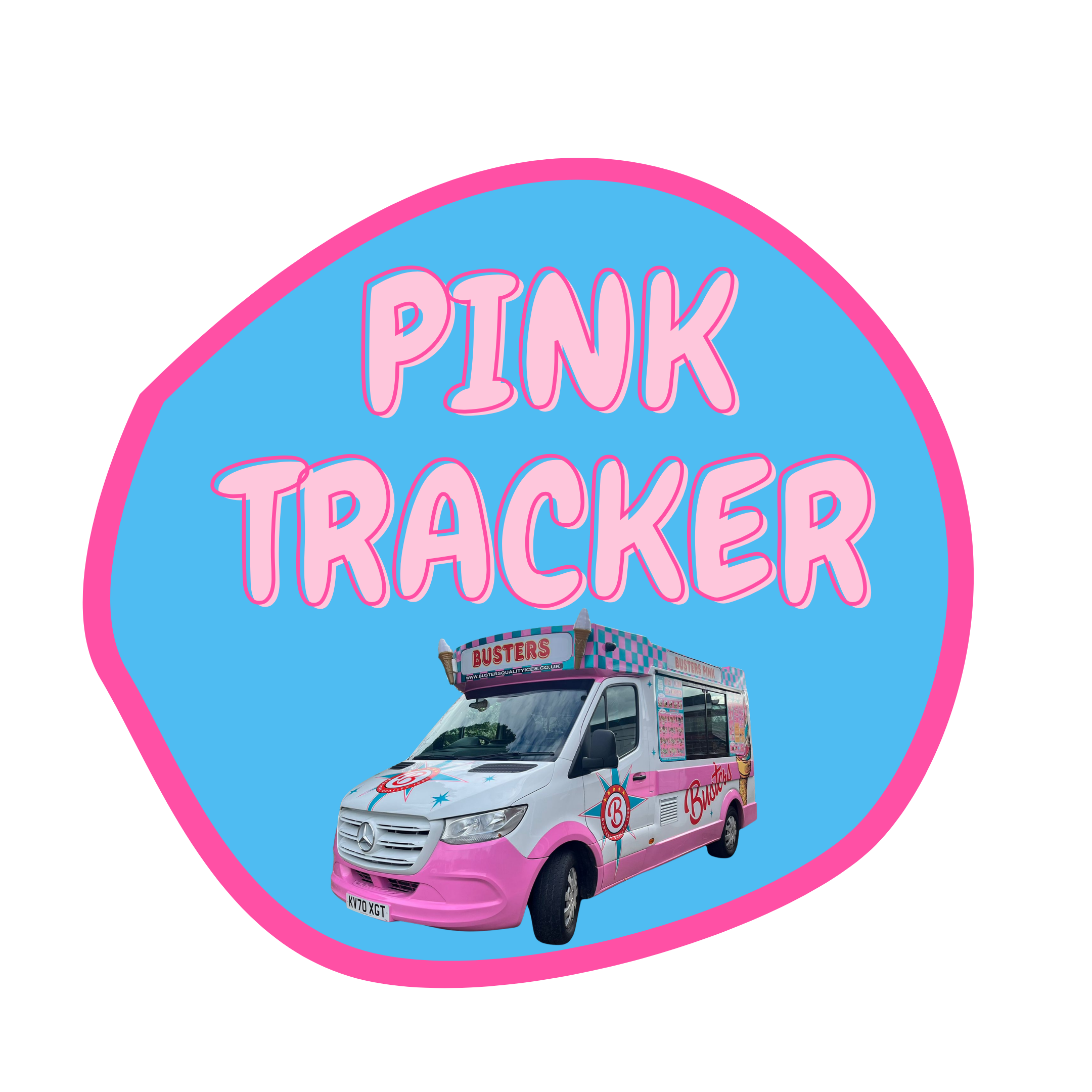 Pink and blue ice cream truck with signage for Busters, parked in front of a large pink and blue circular background.