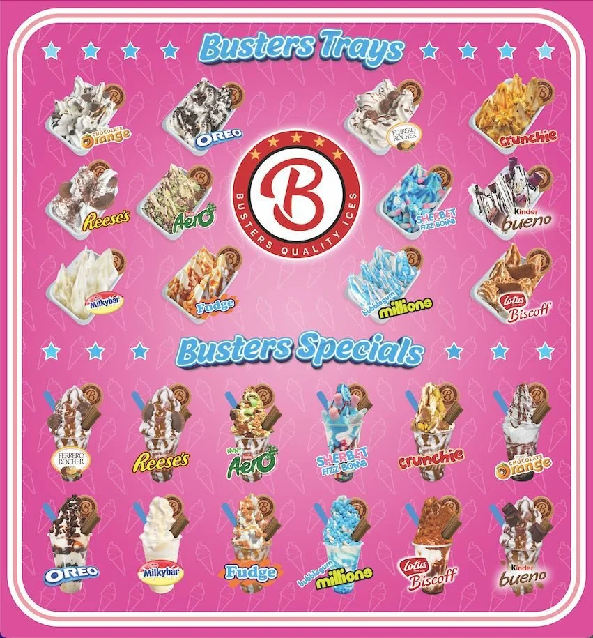 Busters Quality Ices Specials Menu Ice Cream Trays and Sundaes