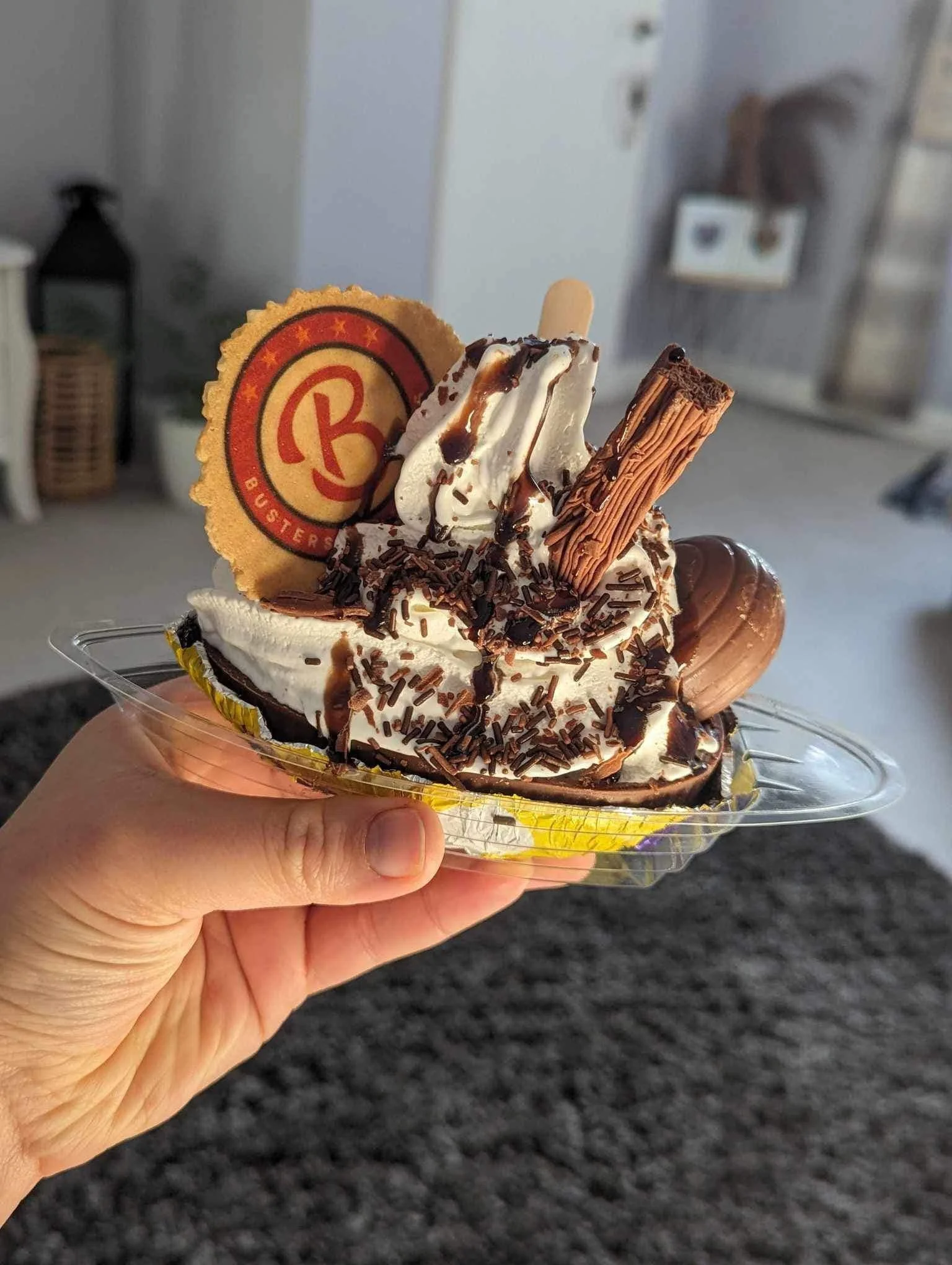 A hand holding a bowl of ice cream with whipped cream, chocolate sauce, chocolate sprinkles, a wafer cookie, and a round cookie with a red and yellow logo that says "Busters".