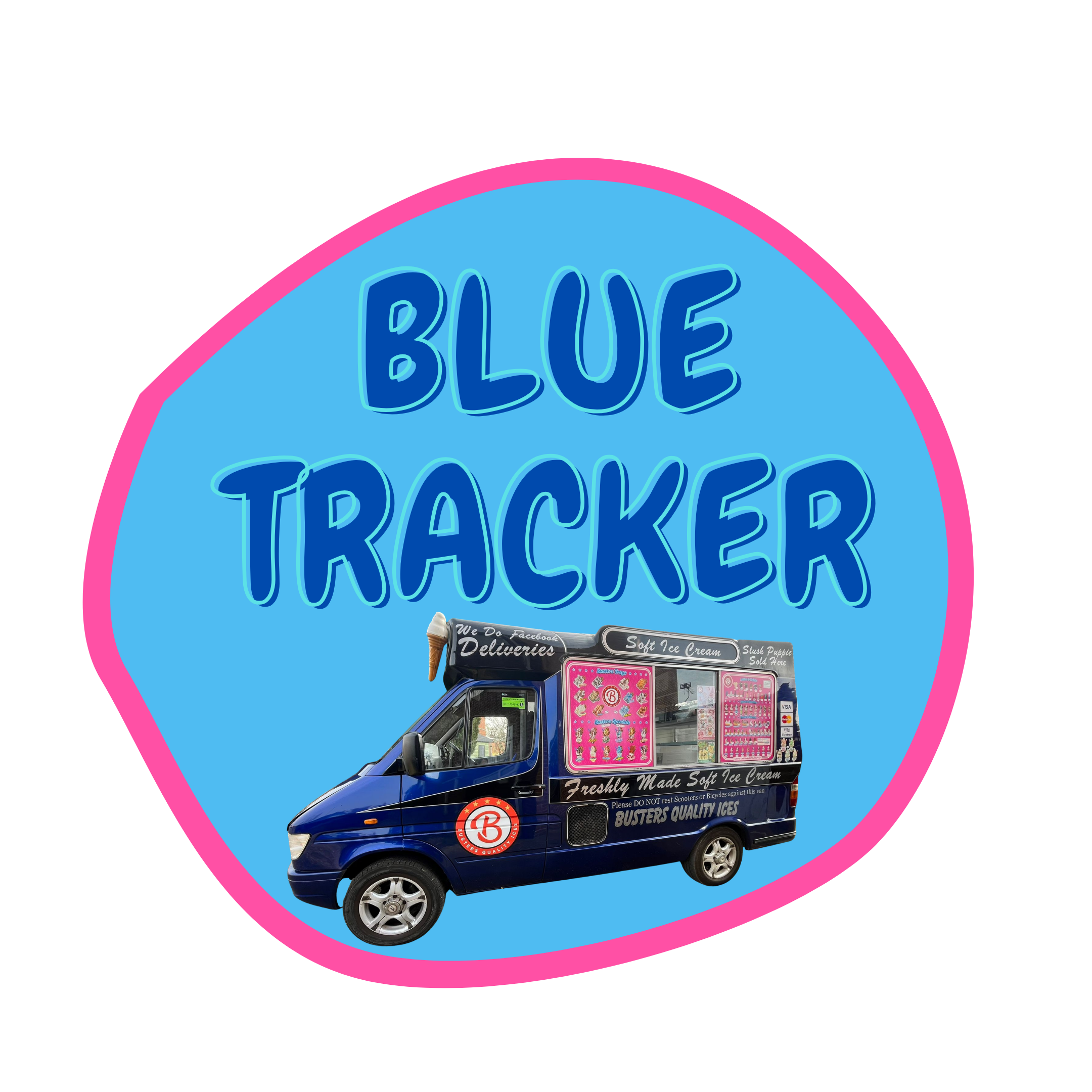 A blue ice cream truck with signage advertising soft ice cream and treats, decorated with a circular logo, parked against a bright pink and blue background.