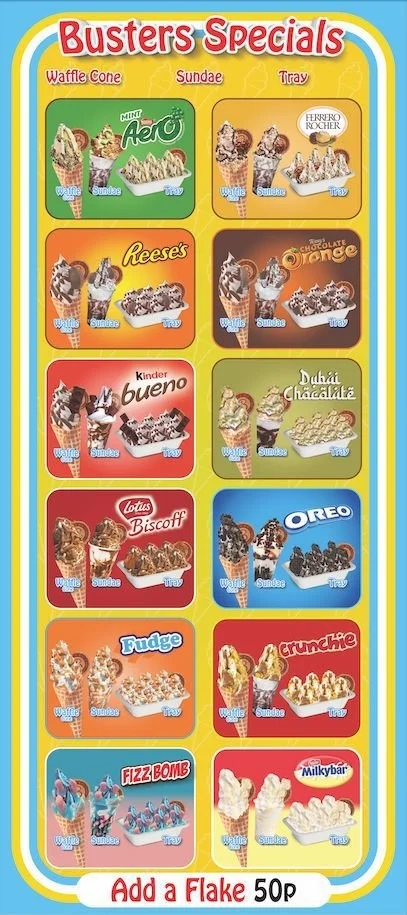 Buster's Specials menu with ice cream treats, including waffle cones, sundaes, and trays with flavors like Aero, Ferrero Rocher, Reese's, Chocolate Orange, Kinder Bueno, Duhá Choklatte, Lotus Biscoff, Oreo, Fudge, Crunchie, Fizz Bomb, and Milkybar.