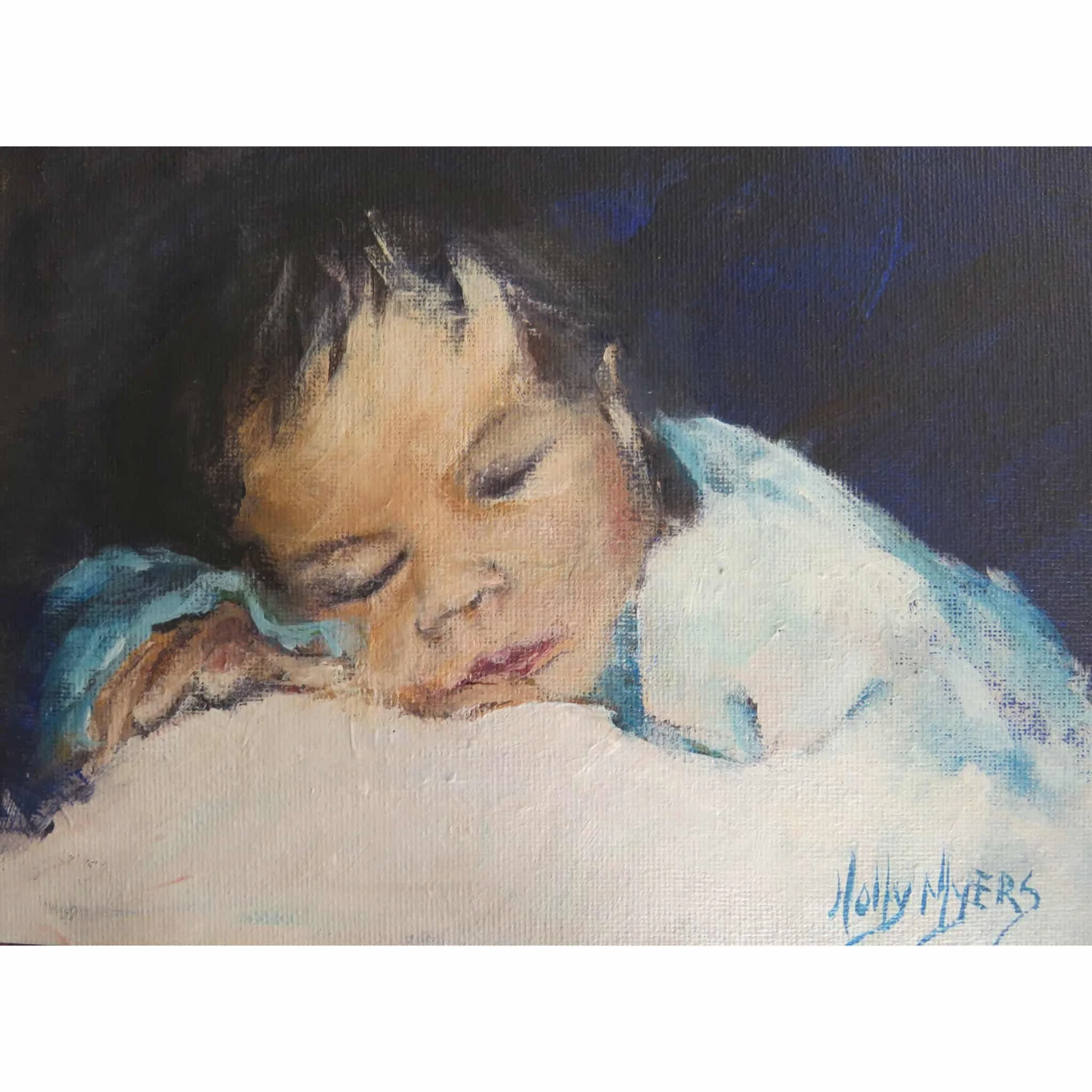 a brown haired baby infant dressed in white sleeping