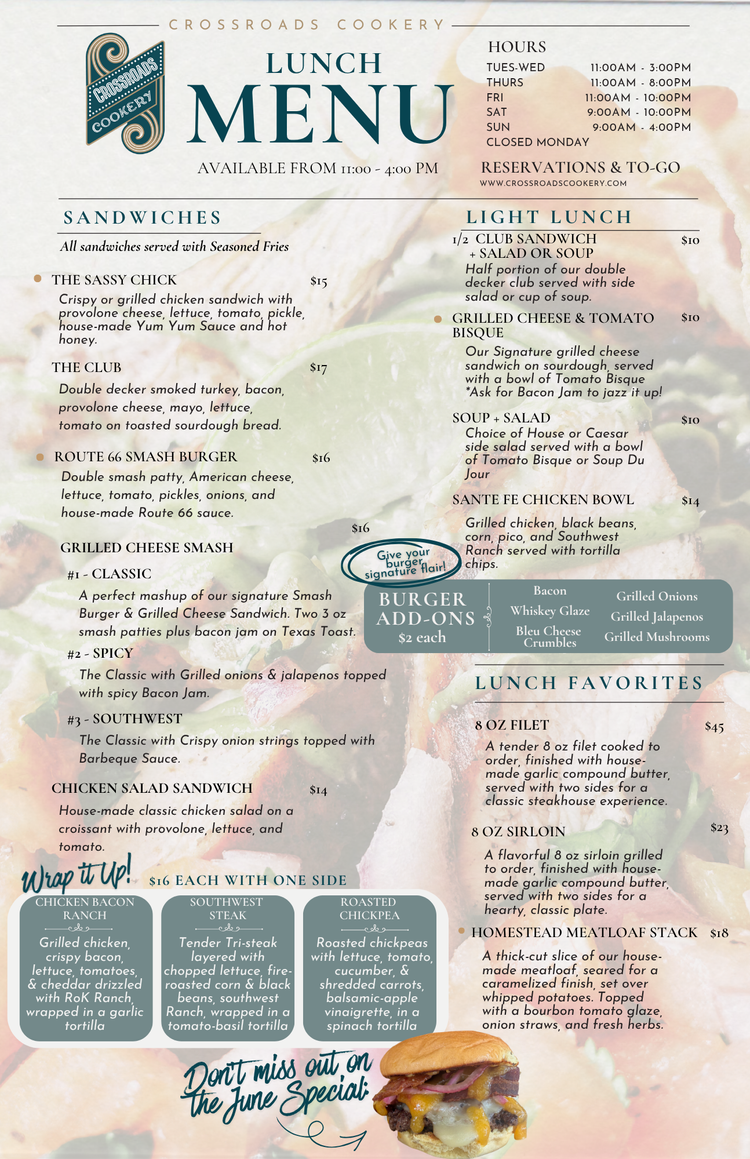 Menu | Discover Delicious Flavors — Reserve Now — Crossroads Cookery