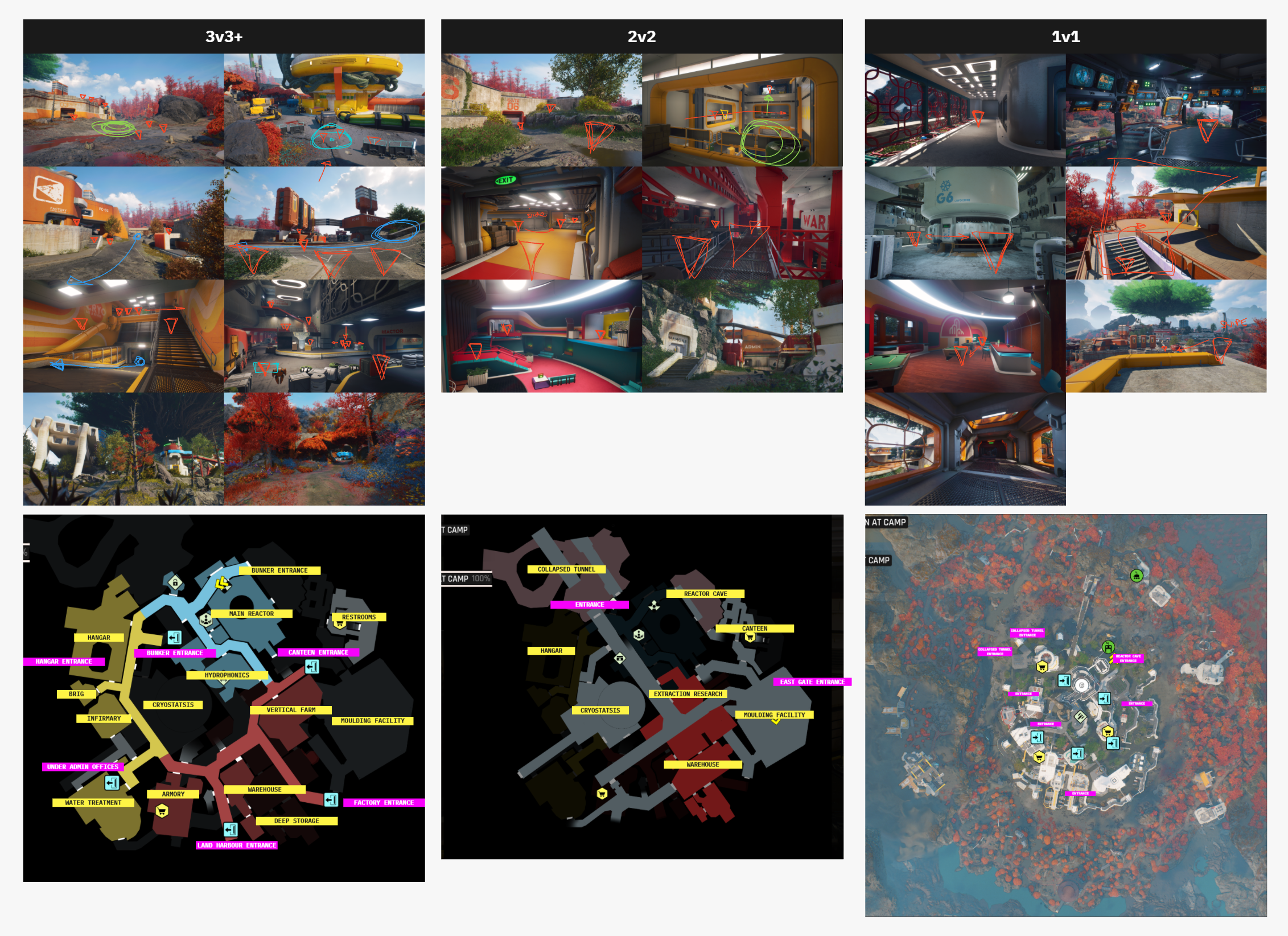 A collage of images depicting gameplay maps and scenes from a video game, categorized into three difficulty levels: 3v3+, 2v2, and 1v1. The maps show various interior and exterior environments, with in-game annotations, diagrams, and overlays of map layouts and locations.
