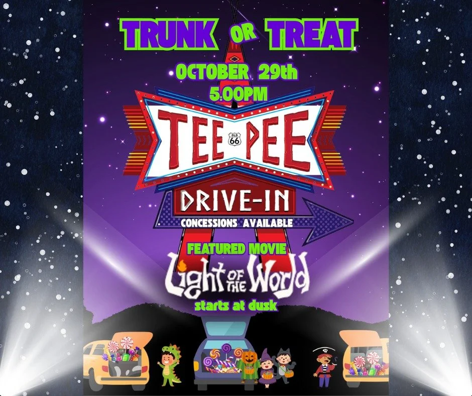 π¬ Date: October 29th 2025
π Time: 5:00pm
π Location: TEEPEE drive in
Come dressed in your favorite (family-friendly) costume and enjoy a safe, exciting Trunk or Treat with decorated cars, candy, and smiles all around! After the fun, settle in for